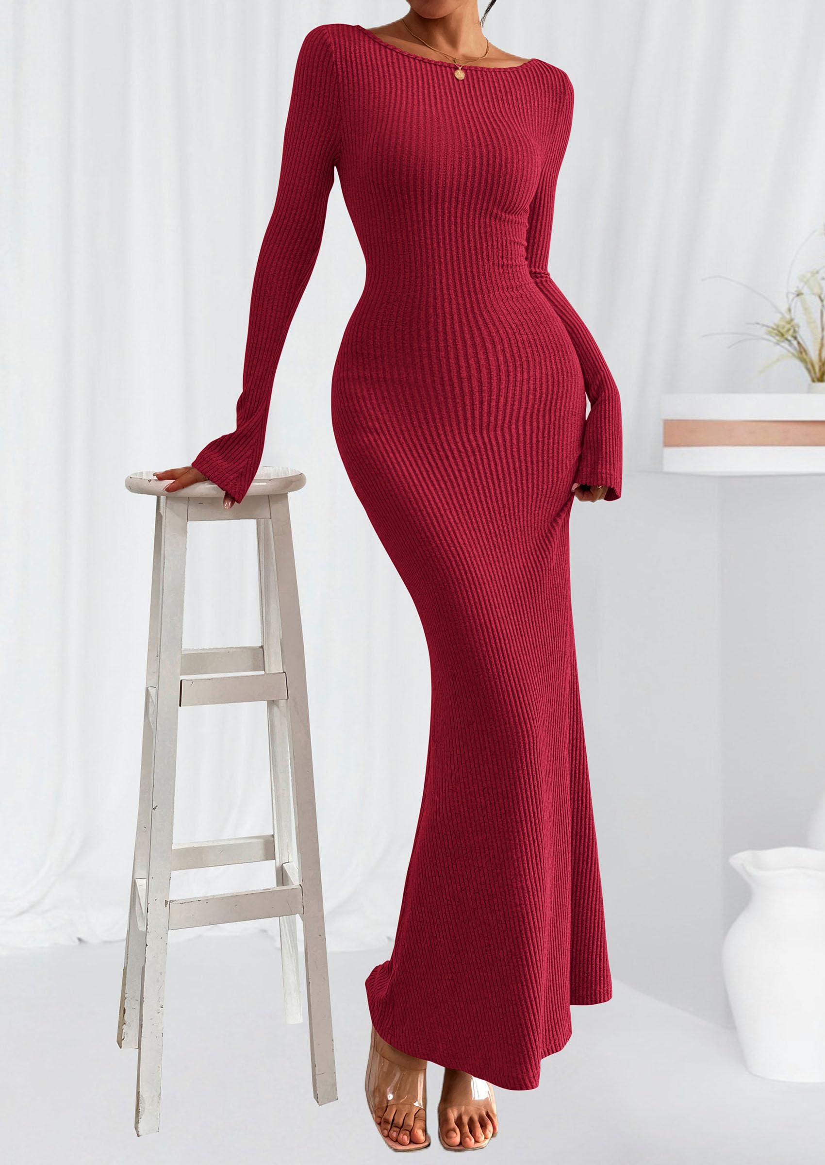 Women's Fall Long Sleeve Bodycon Maxi Dresses (Red,XS)
