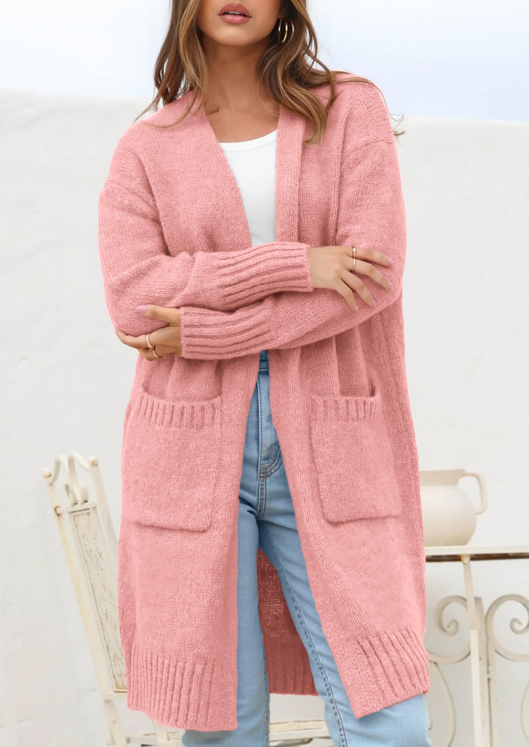 Open Front Cardigan Sweaters for Women,Pink,S