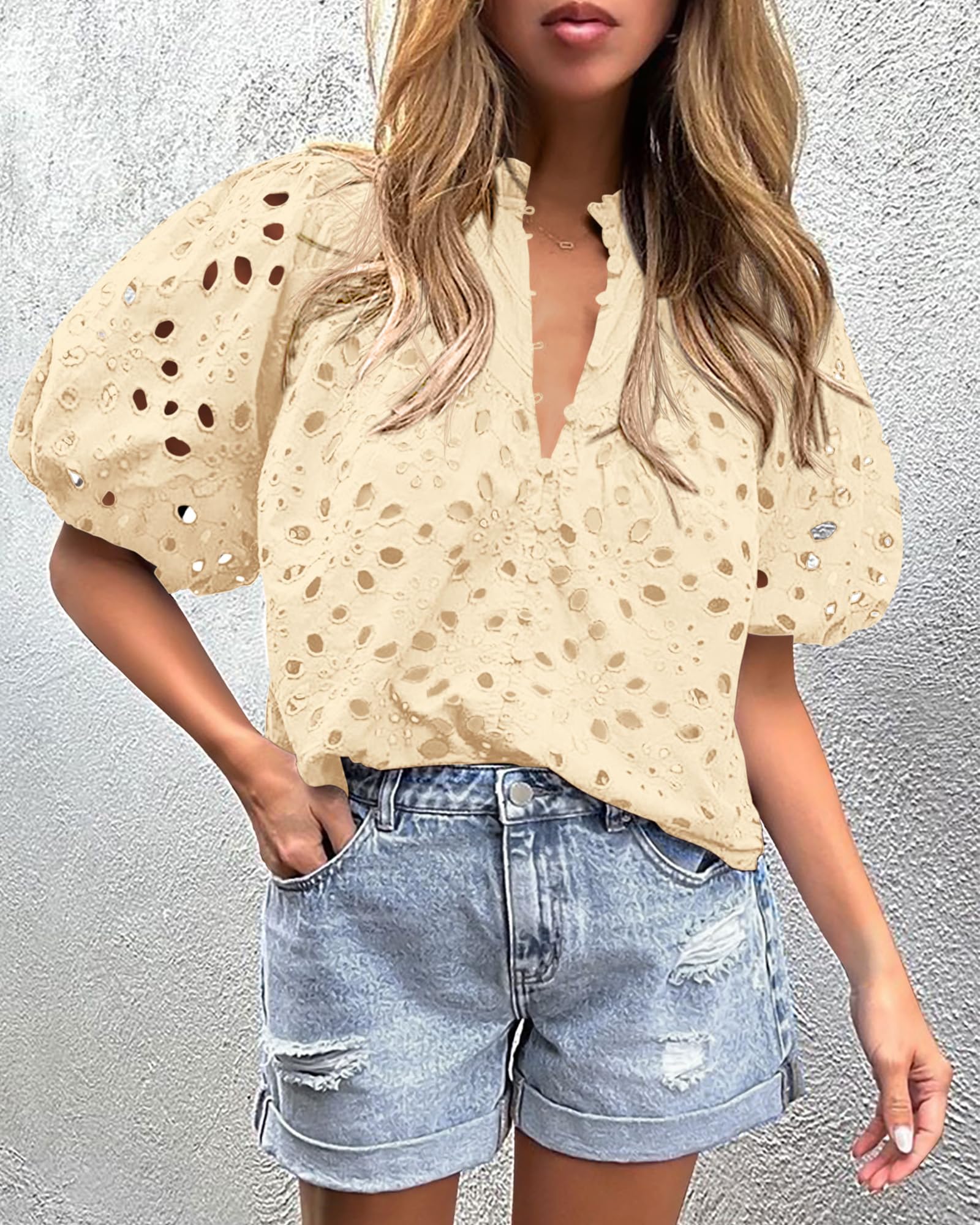 Womens Tops Boho Eyelet Puff Sleeve Blouse, Beige,S