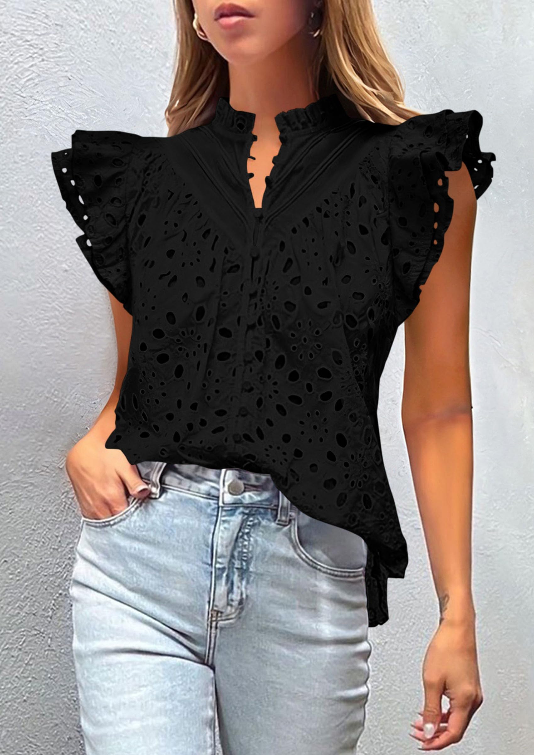 Women's Eyelet V Neck Summer Tops Dressy Casual Black,S