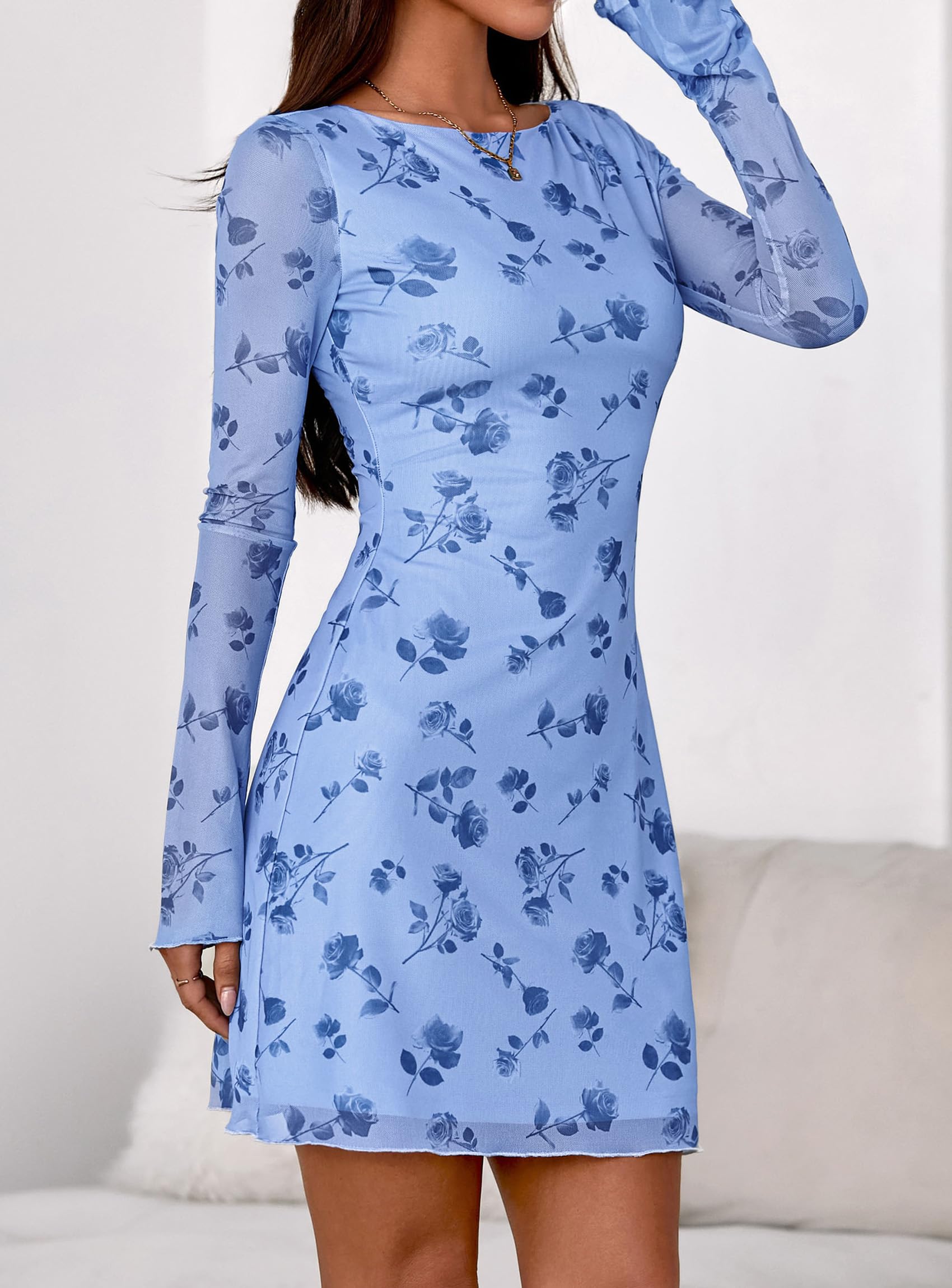 Women's Fall Floral Long Sleeve Mini Dress (Light Blue,M)