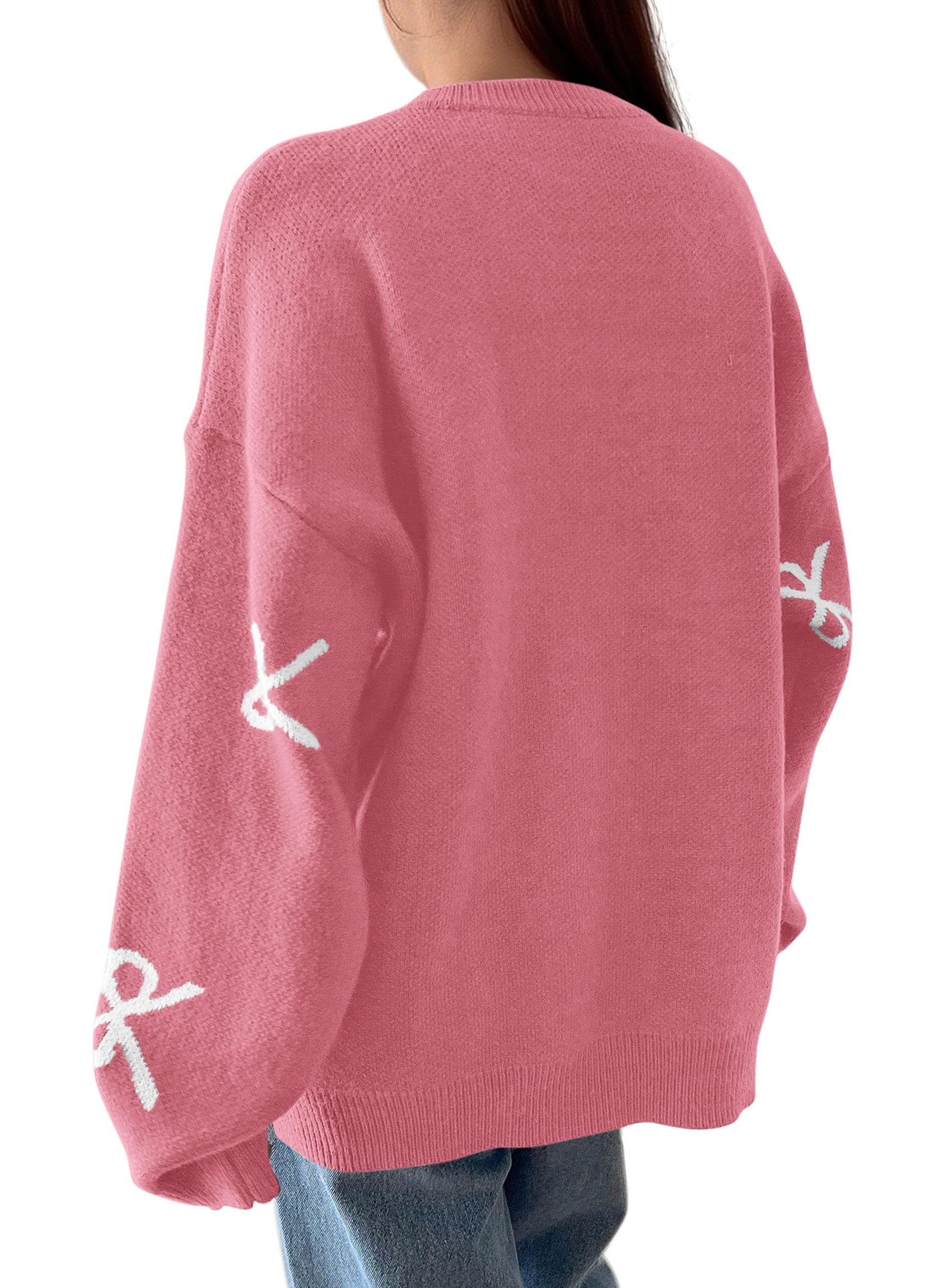 Fall Long Sleeve Pullover Sweaters for Women 2026 Trendy Crewneck Casual Cute Bow Chunky Knit Oversized Sweater (Dusty Pink,Small)