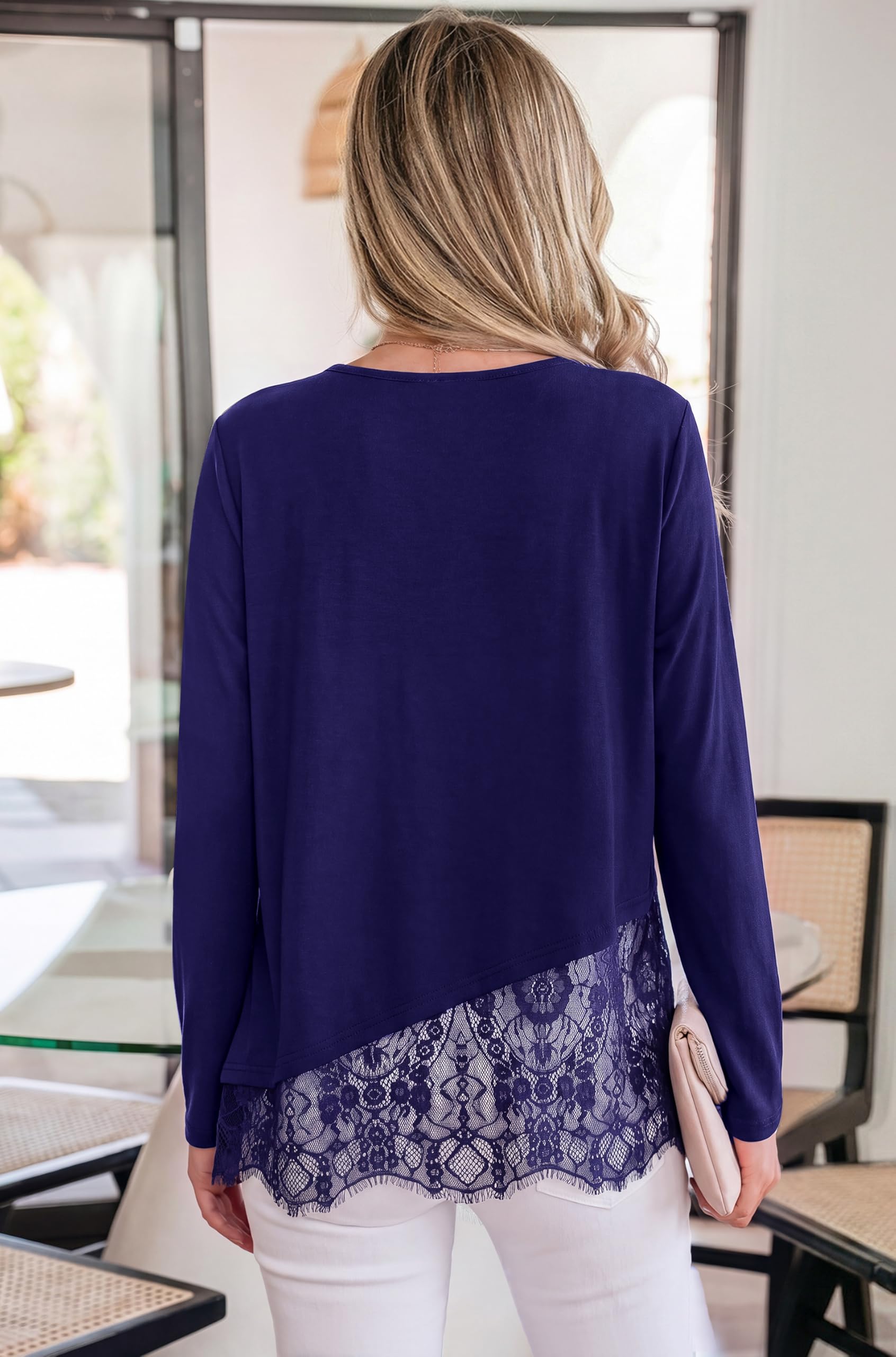 Women's Lace Patchwork Long Sleeve Shirts,Navy,S