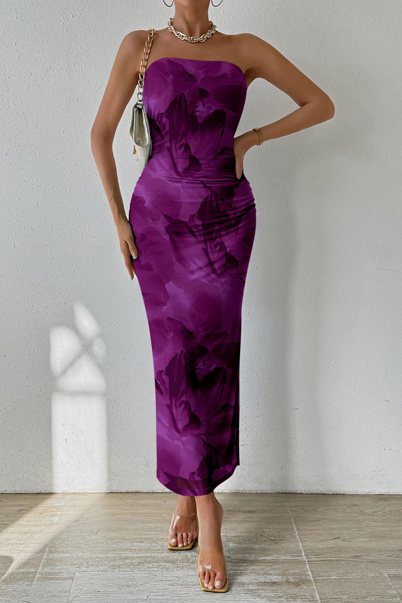 Women's Strapless Bodycon Floral Maxi Dress, Floral Purple,S