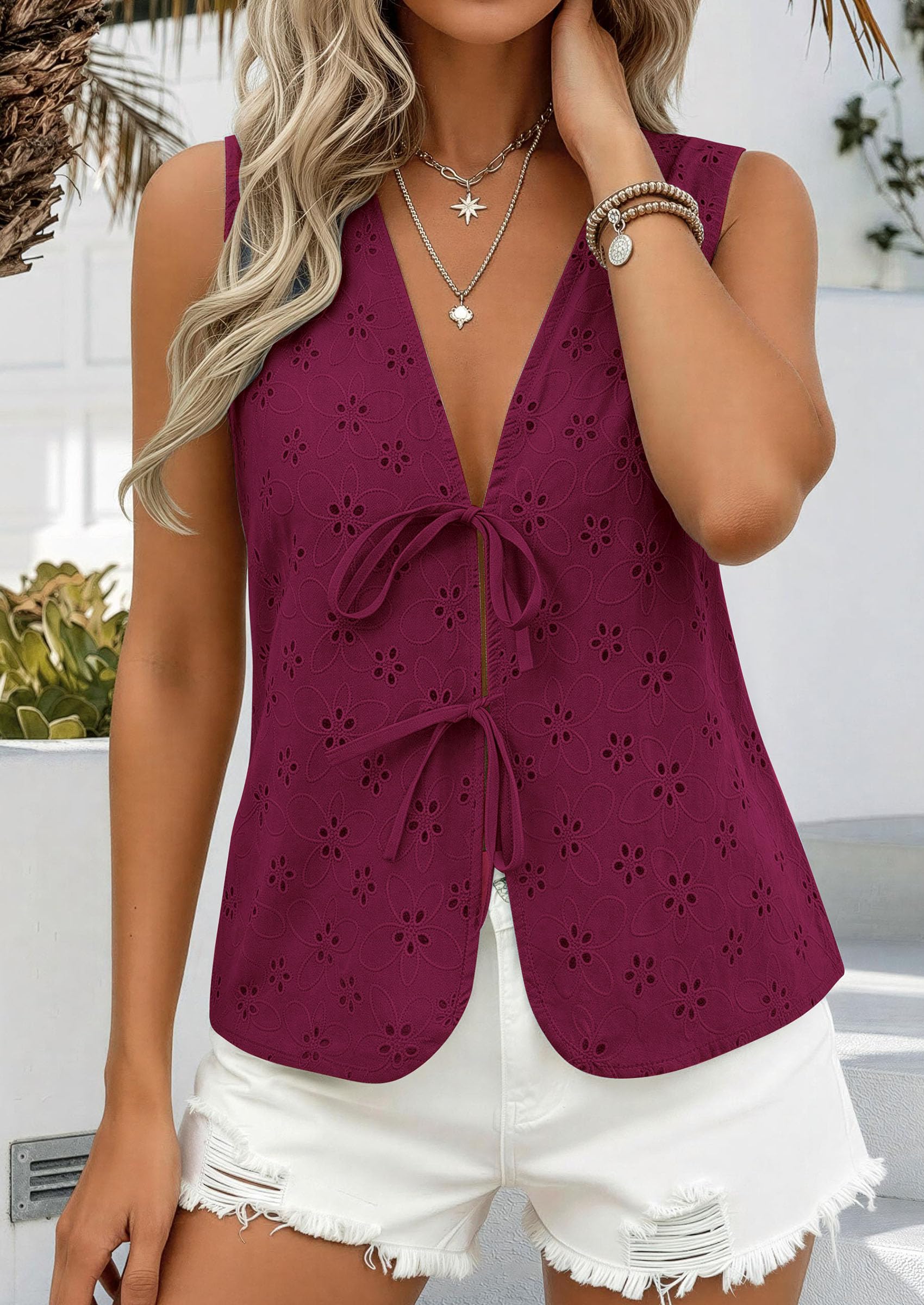 Women's Summer Eyelet Lace Tie Front Vest Tops (Burgundy,S)