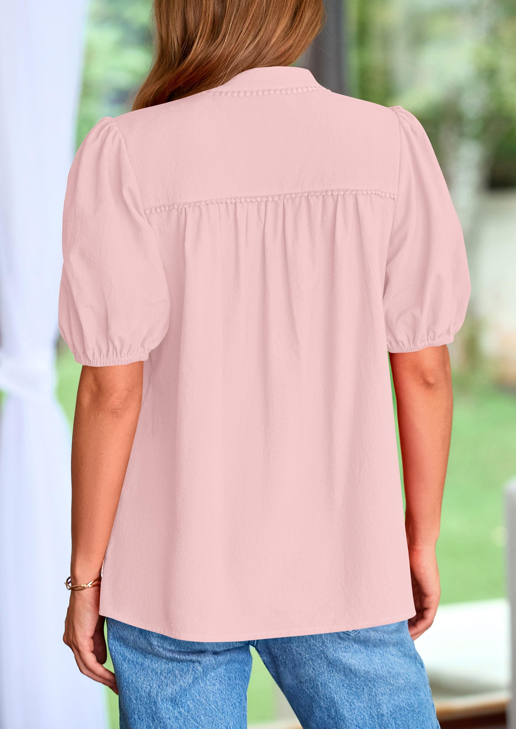 Womens Short Puff Sleeve V Neck Blouses,Pink,S