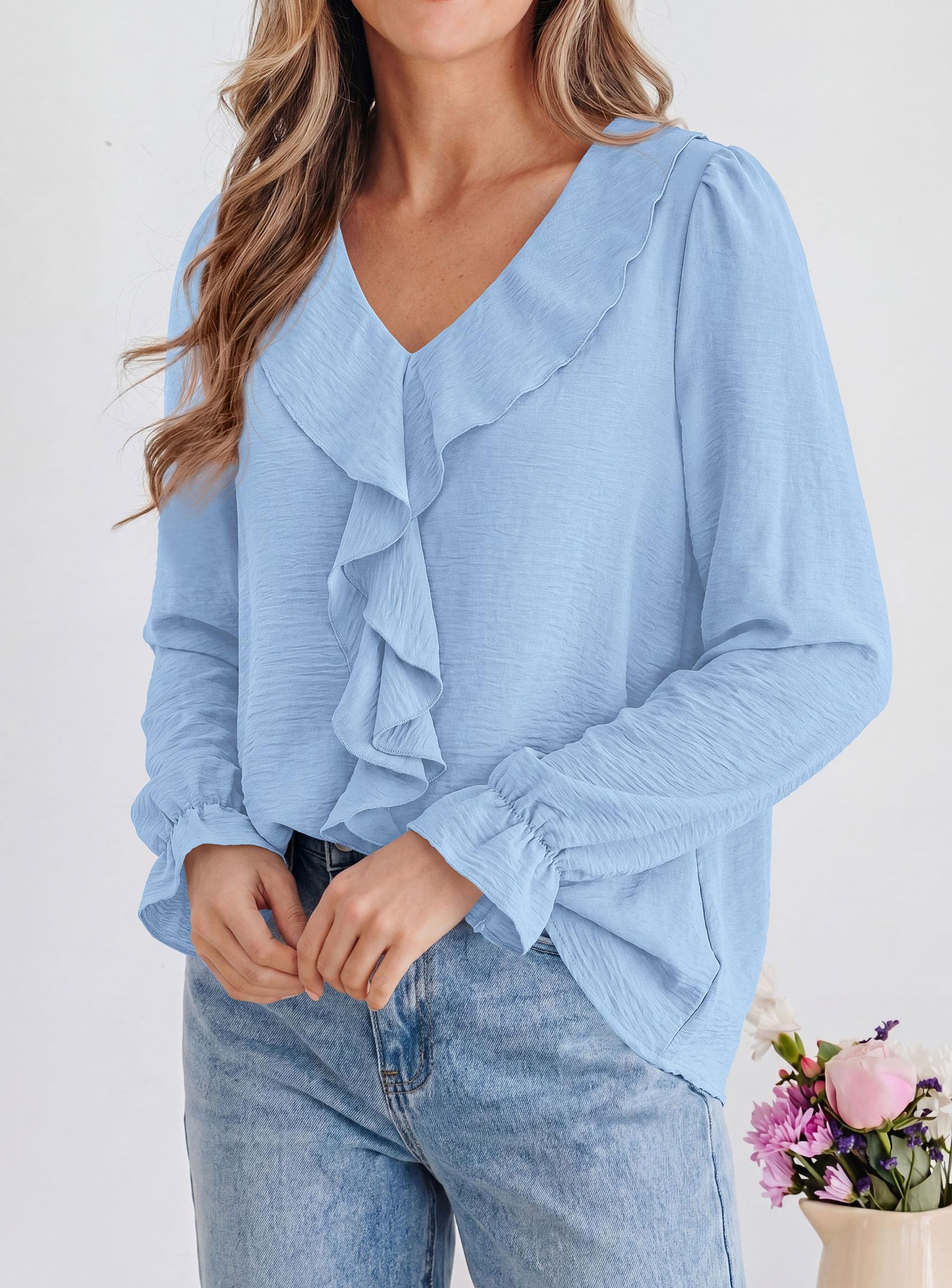 Women Early Fall Fashion Dressy Casual Blouses Light Blue,S