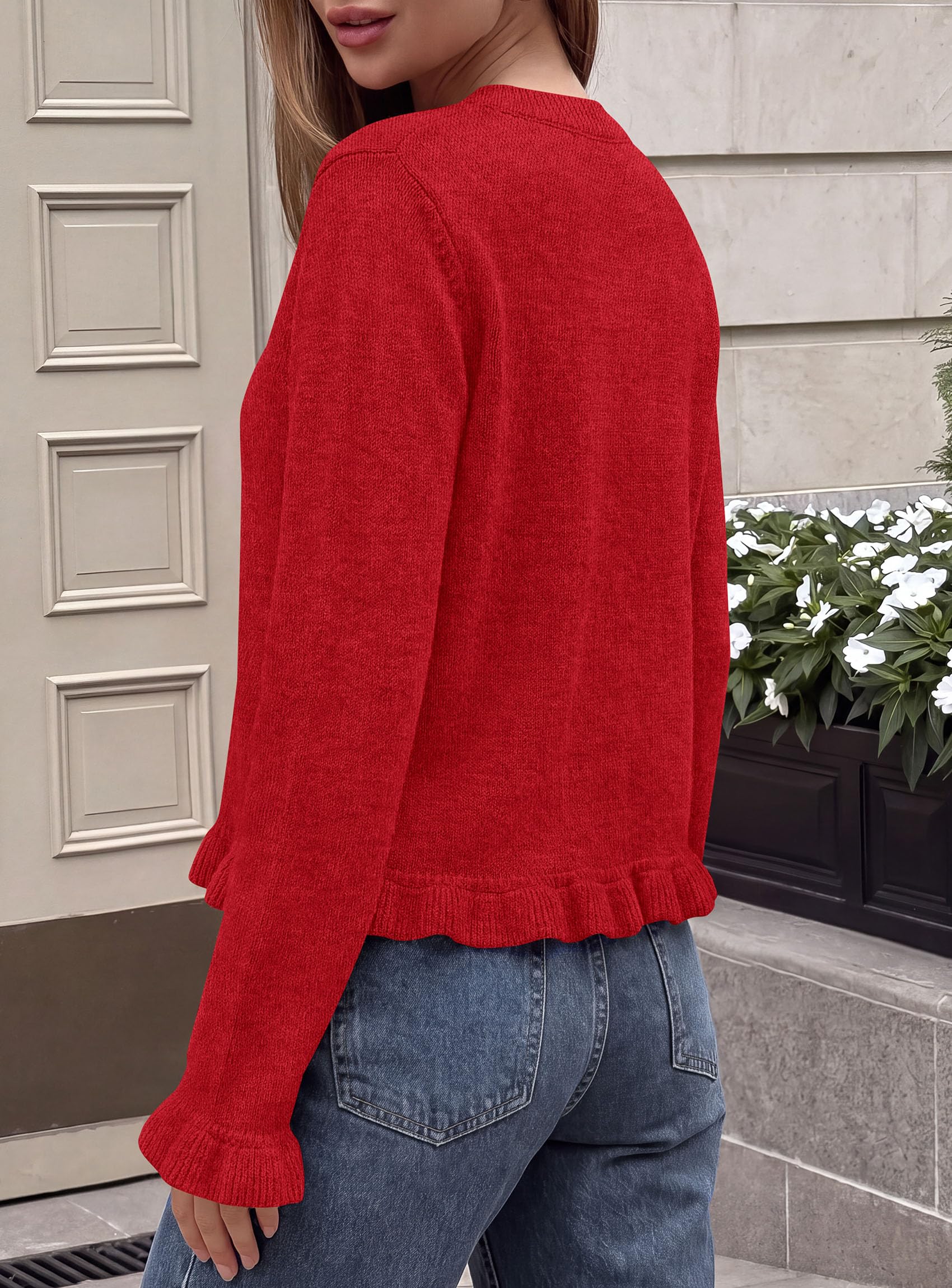 Women's Ruffle Sweaters Fall Fashion Cozy Knit Pullover Red