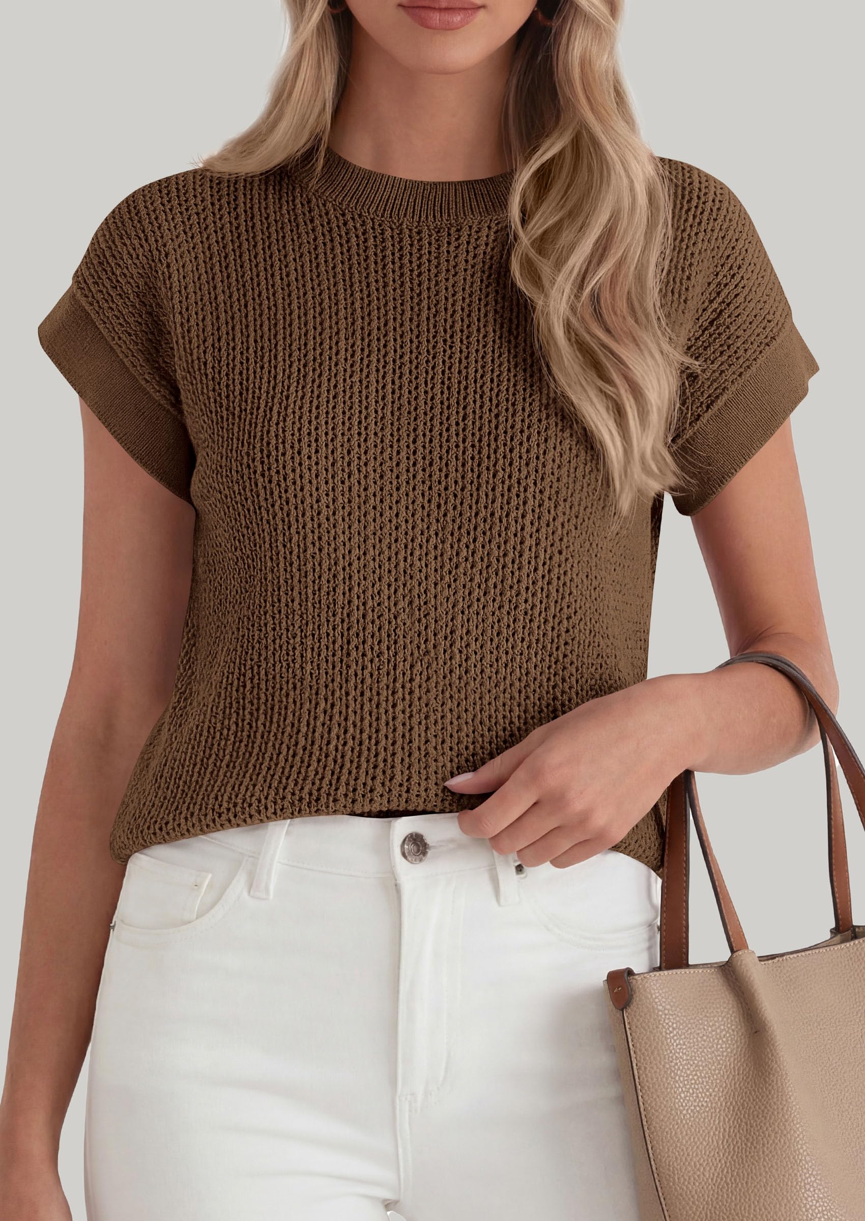 Women's Summer Sweater Vest Crochet Tops (Coffee,S)