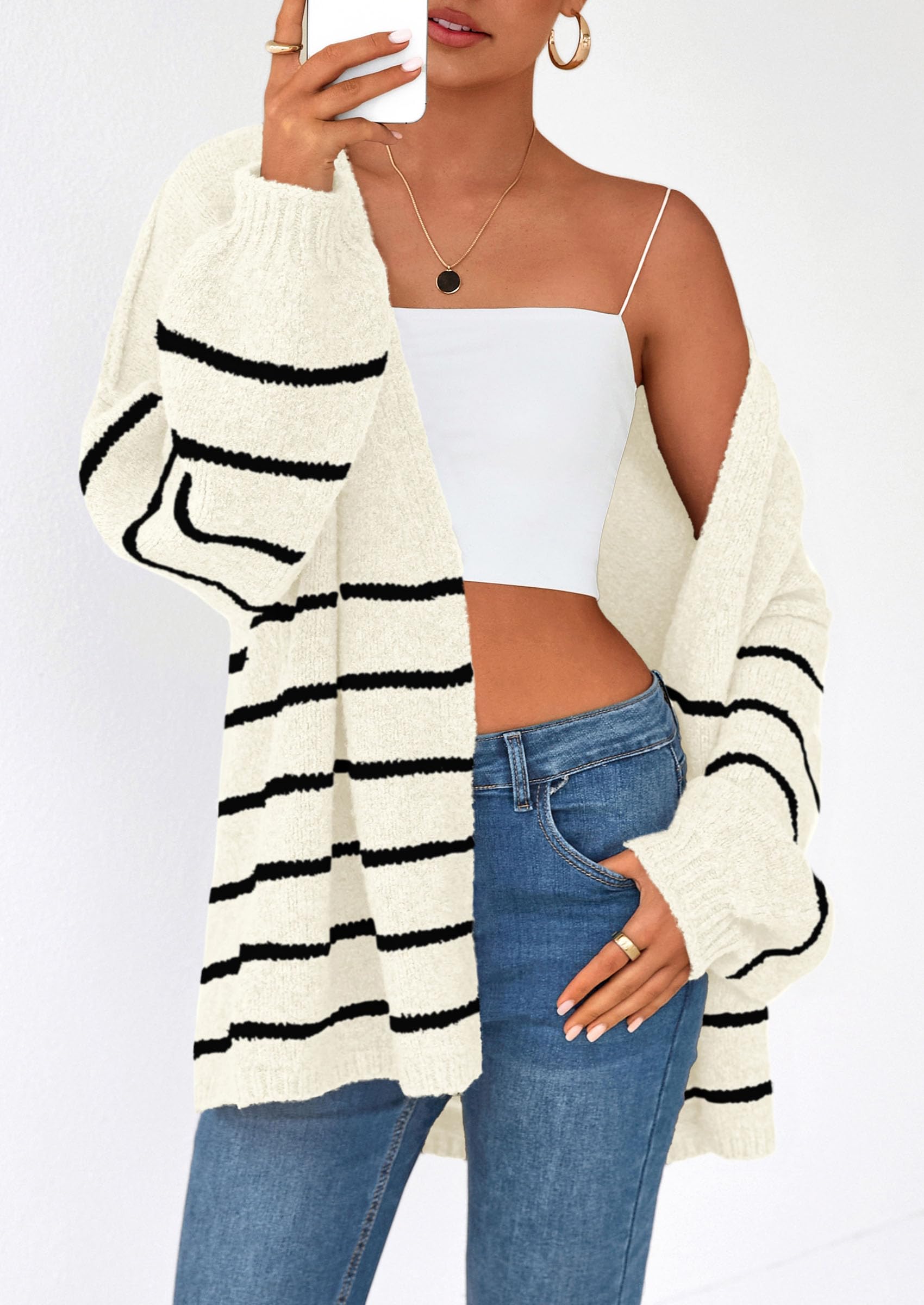 Womens Oversized Cardigan Sweaters 2026 Fall Long Lantern Sleeve Knit Open Front Lightweight Sweater (Striped White Black,Small)