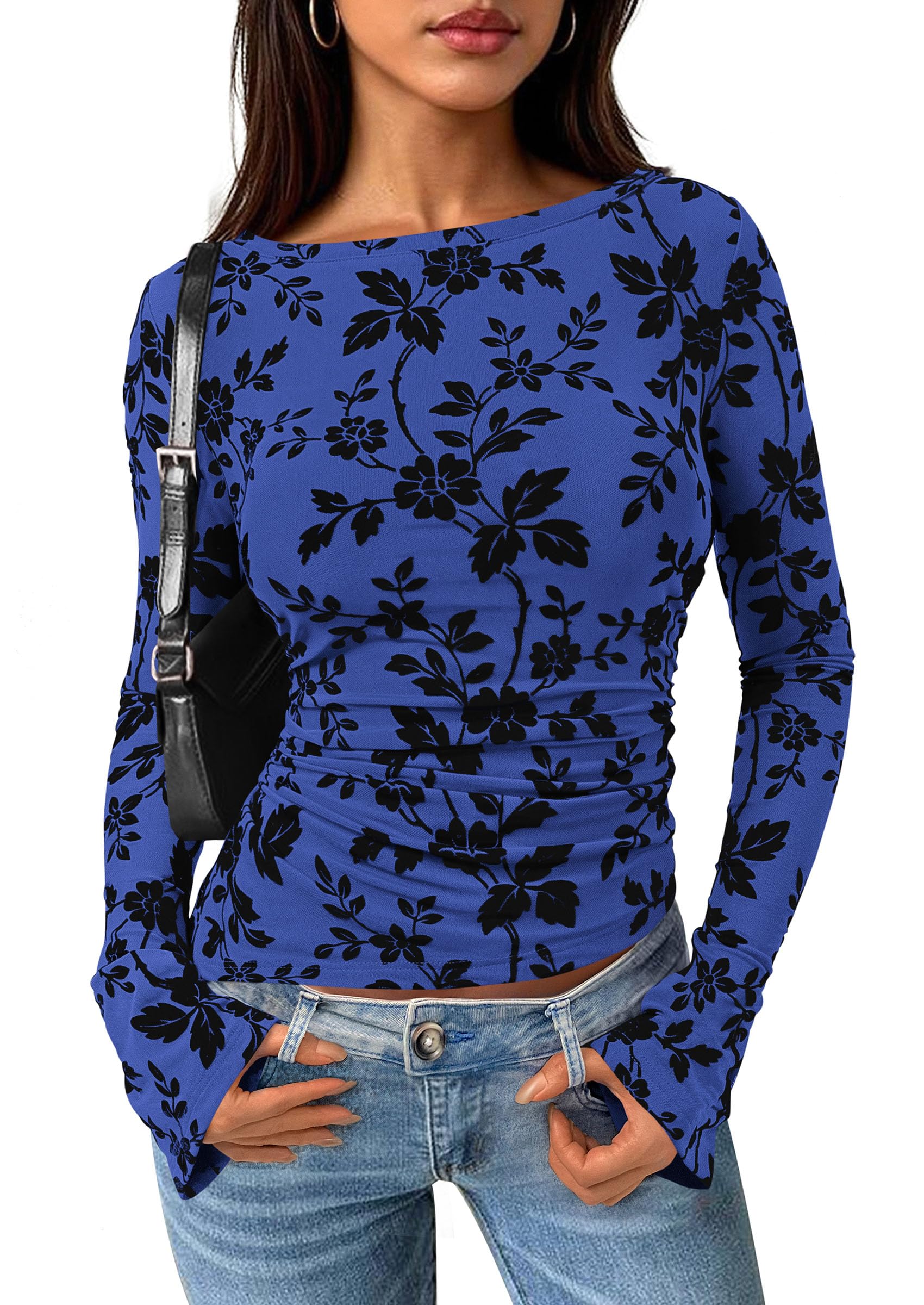 Women's Long Bell Sleeve Y2K Tops Boho Floral Mesh Blouses