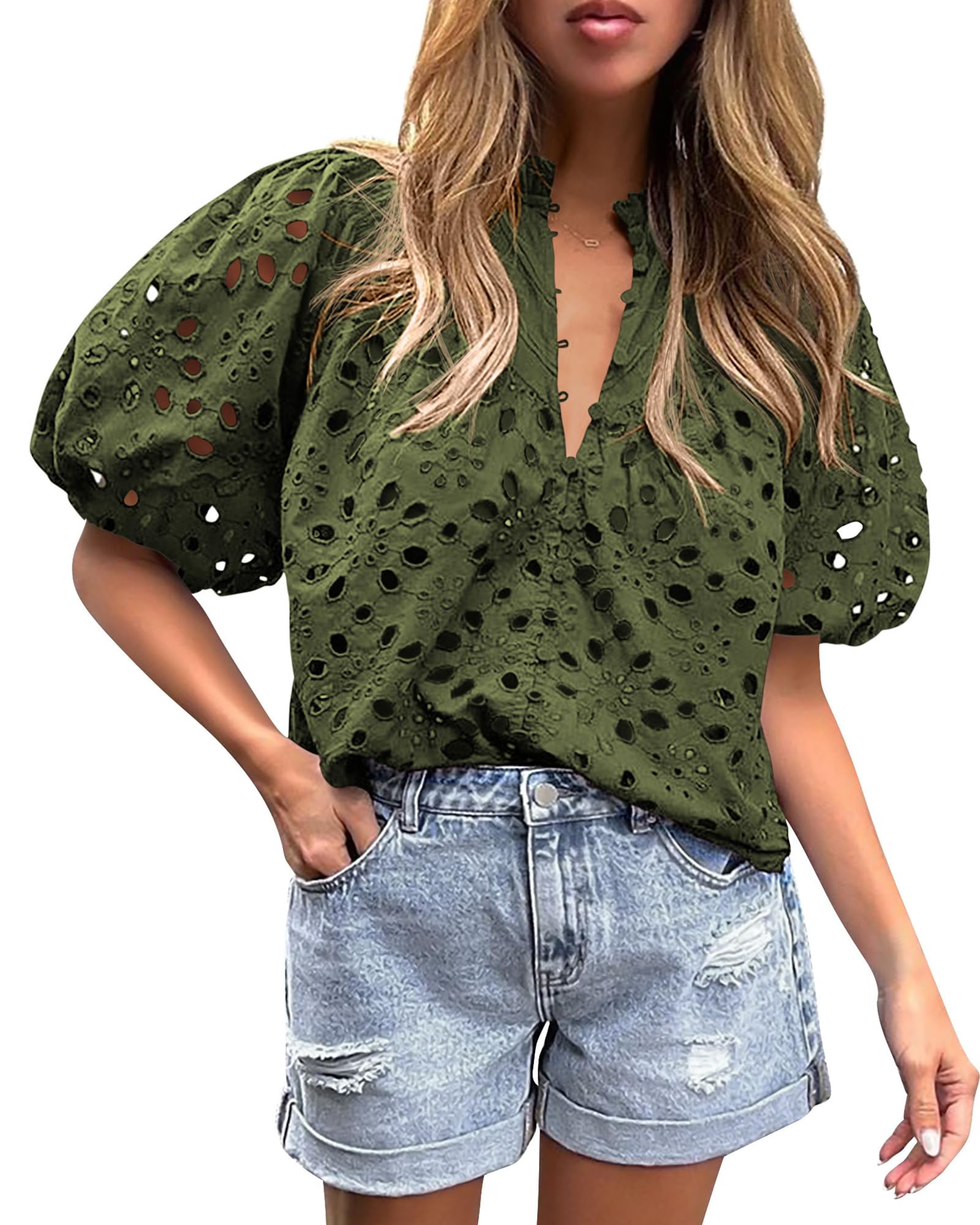 Womens Tops Boho Eyelet Puff Sleeve Blouse, Army Green,S