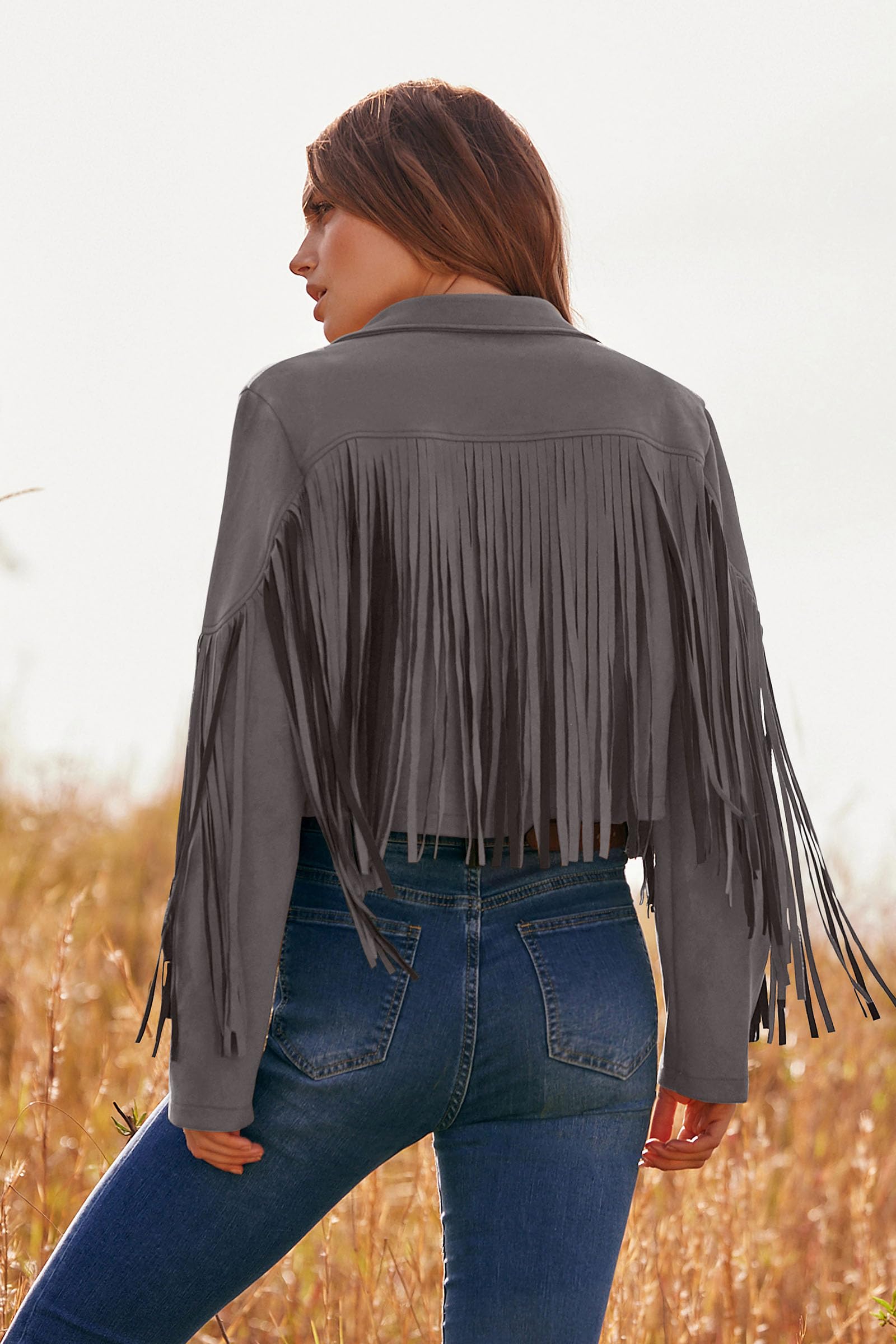 Women's Fringe Faux Suede Leather Jackets,Silver Grey,S
