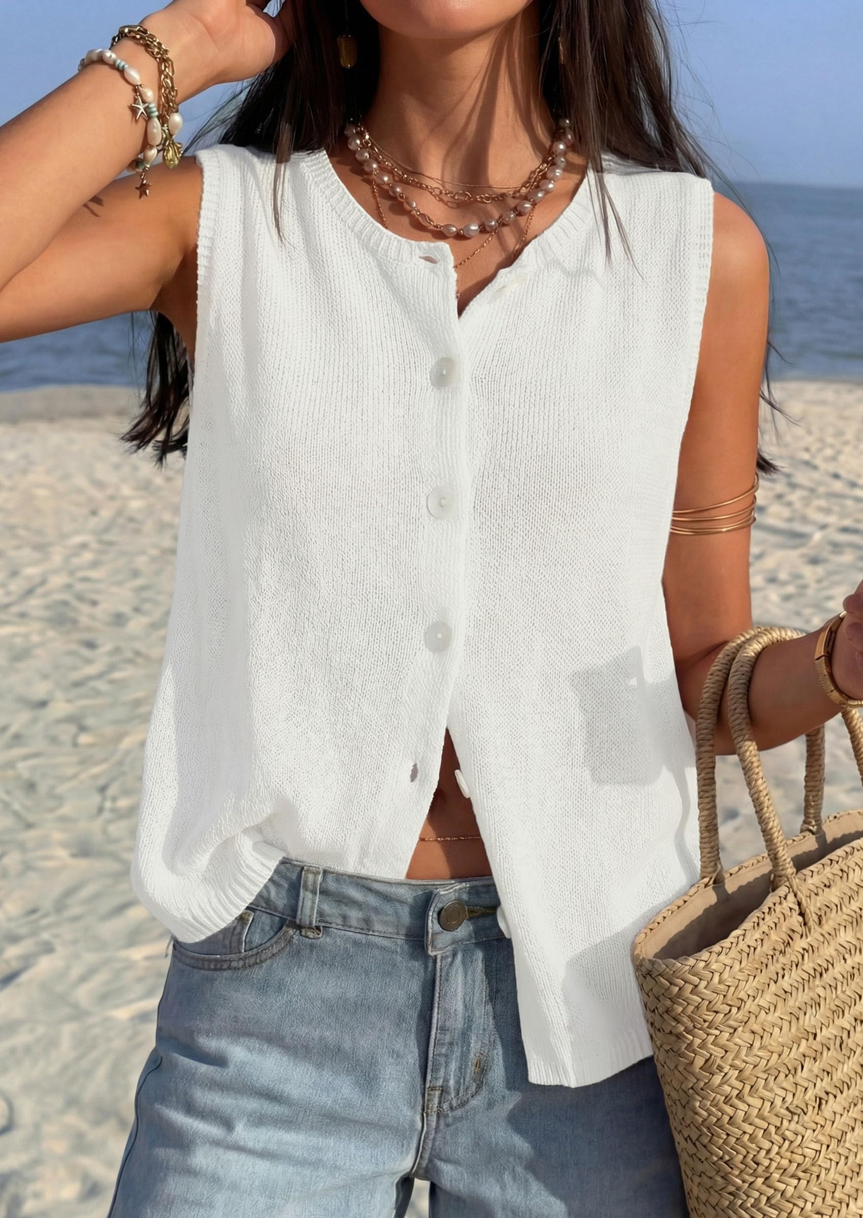 Women's Summer Button Up Sweater Vest Tops,White,L