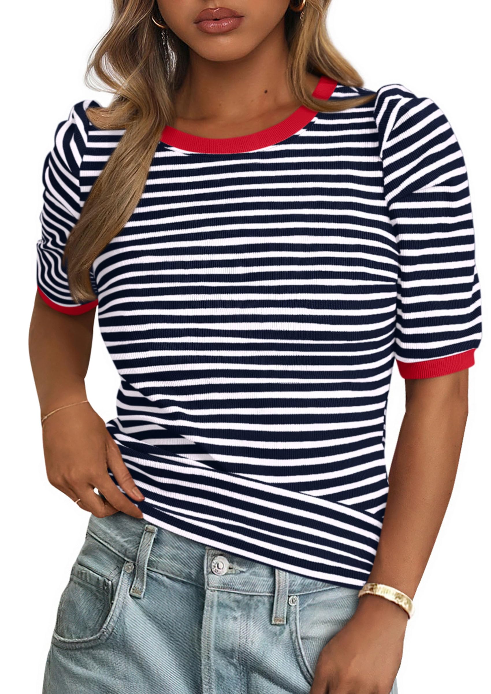 Ribbed Puff Short Sleeve Tops for Women Striped Shirt Navy,XS
