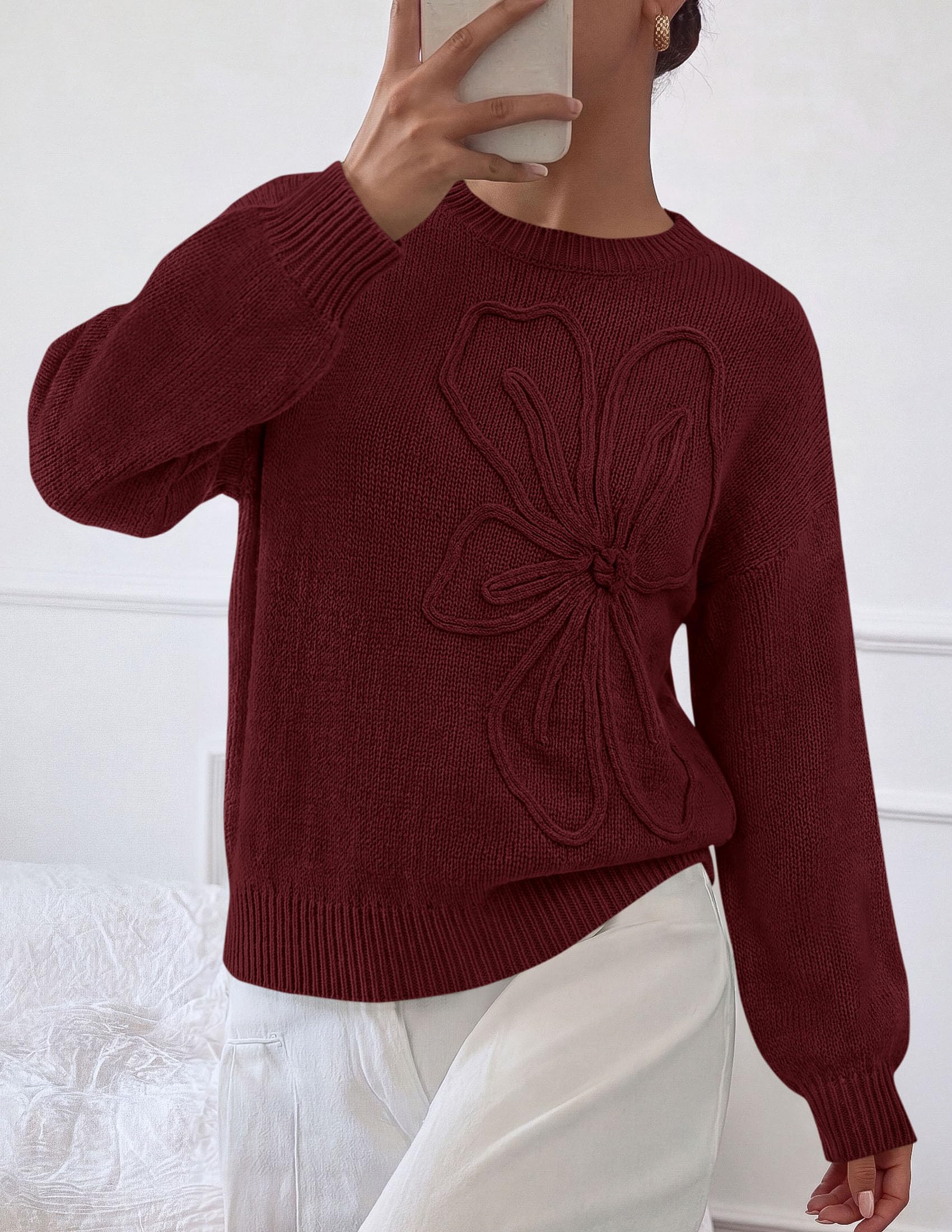 Women's Oversized 3D Floral Knit Sweater,Dark Brown,S