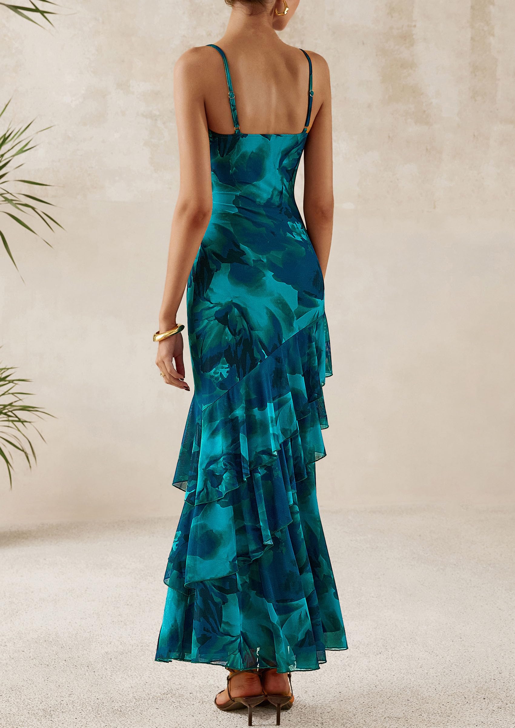 Women's Boho Floral Tiered Maxi Dress, Floral Lake Blue,XS