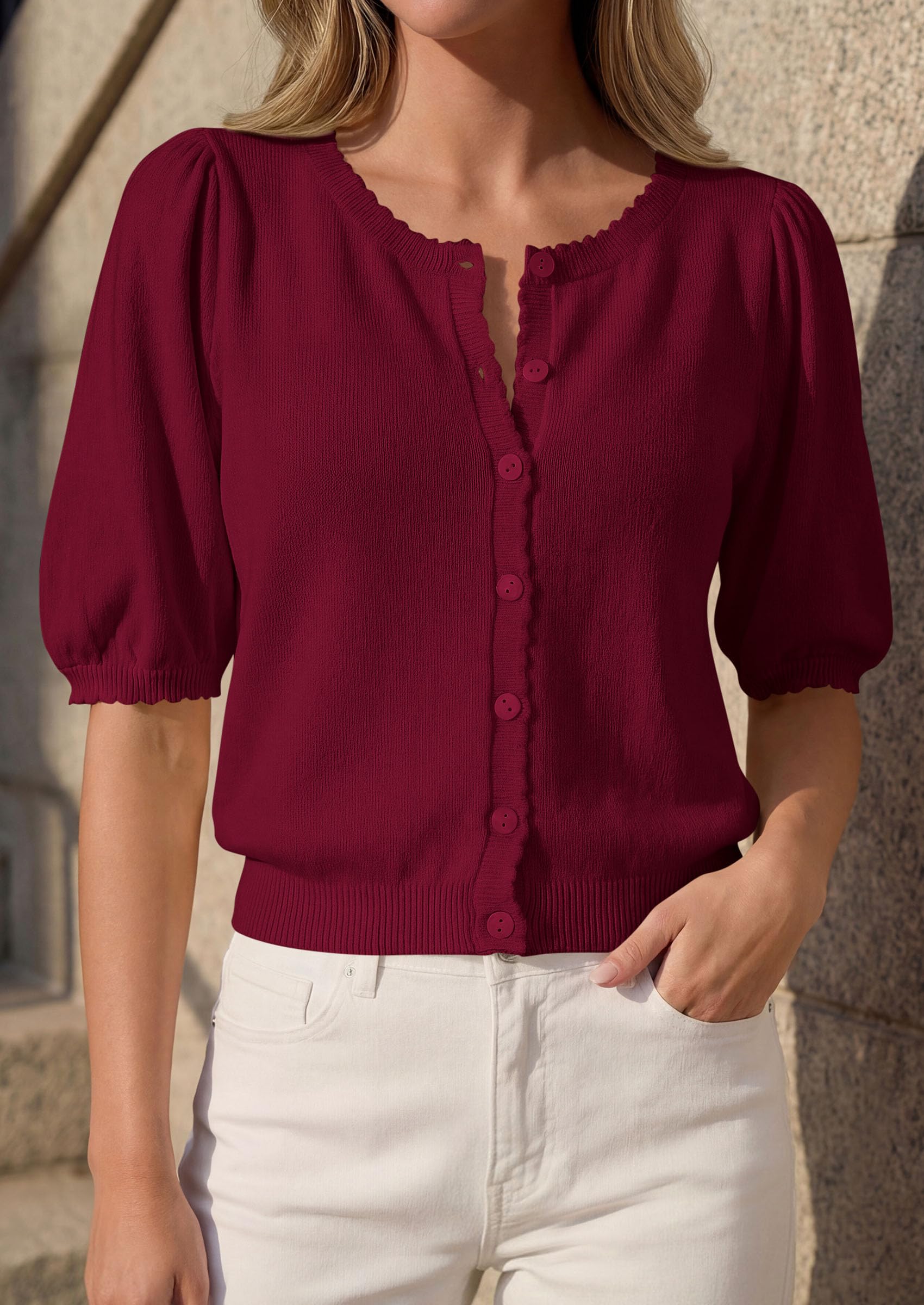 Women Short Sleeve Lightweight Knit Cardigans, Burgundy,S