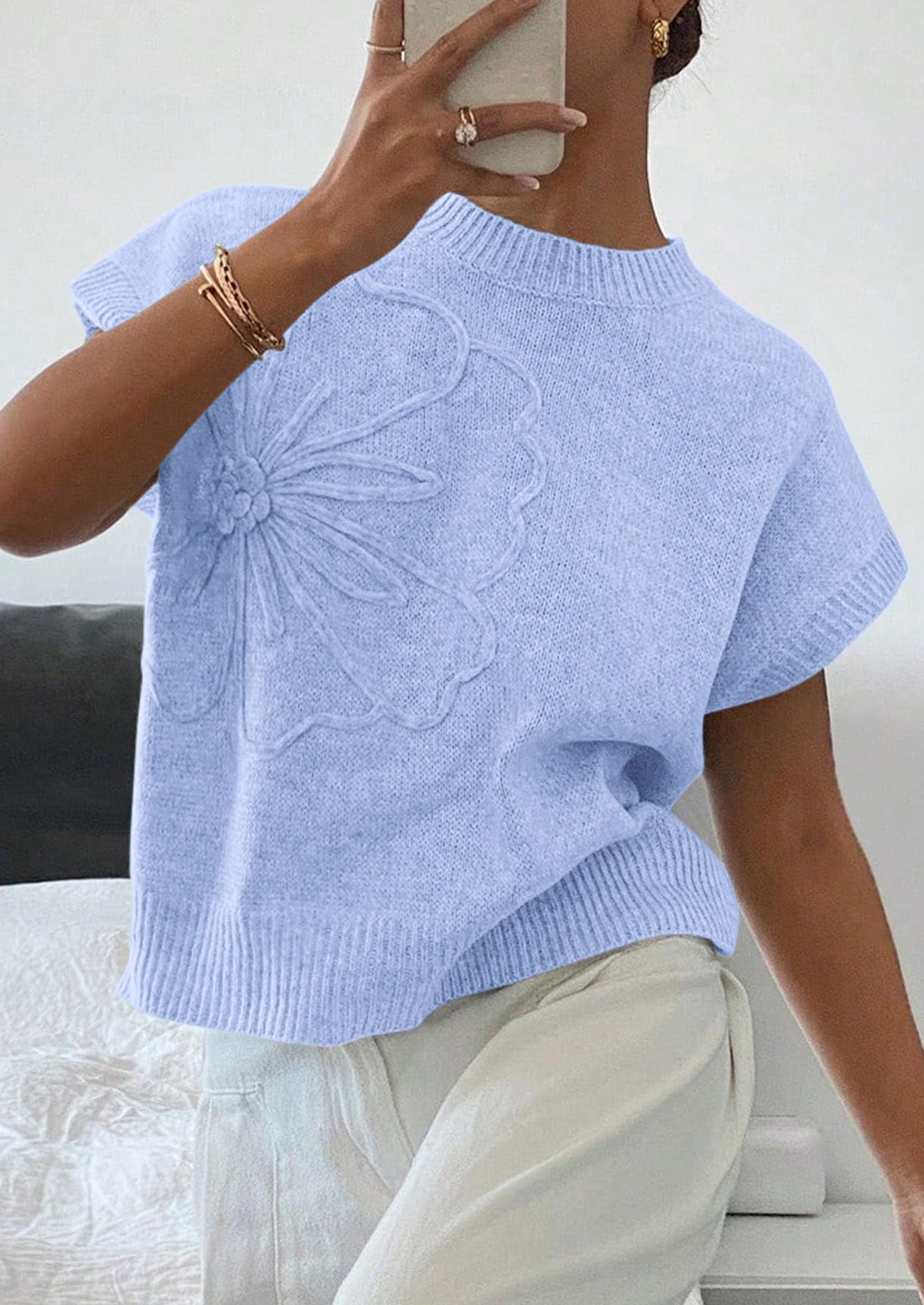 Women's Summer Short Cap Sleeve Sweater Vest (Light Blue,S)
