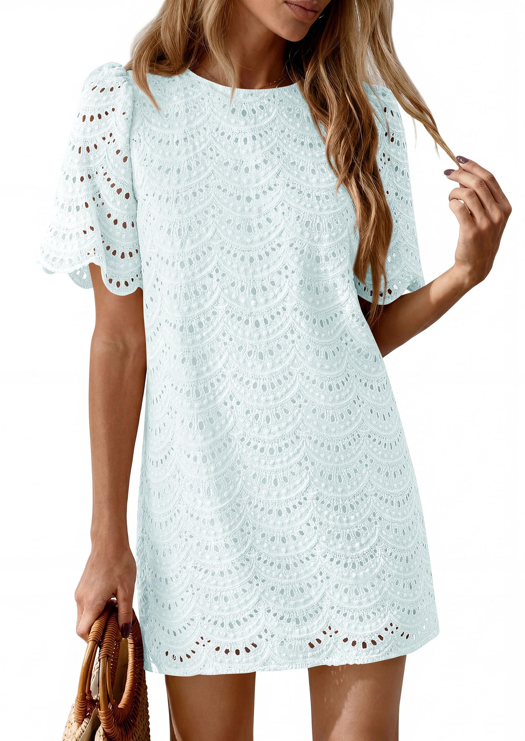 Women's Summer Eyelet Lace Short Dress (Light Blue,S)