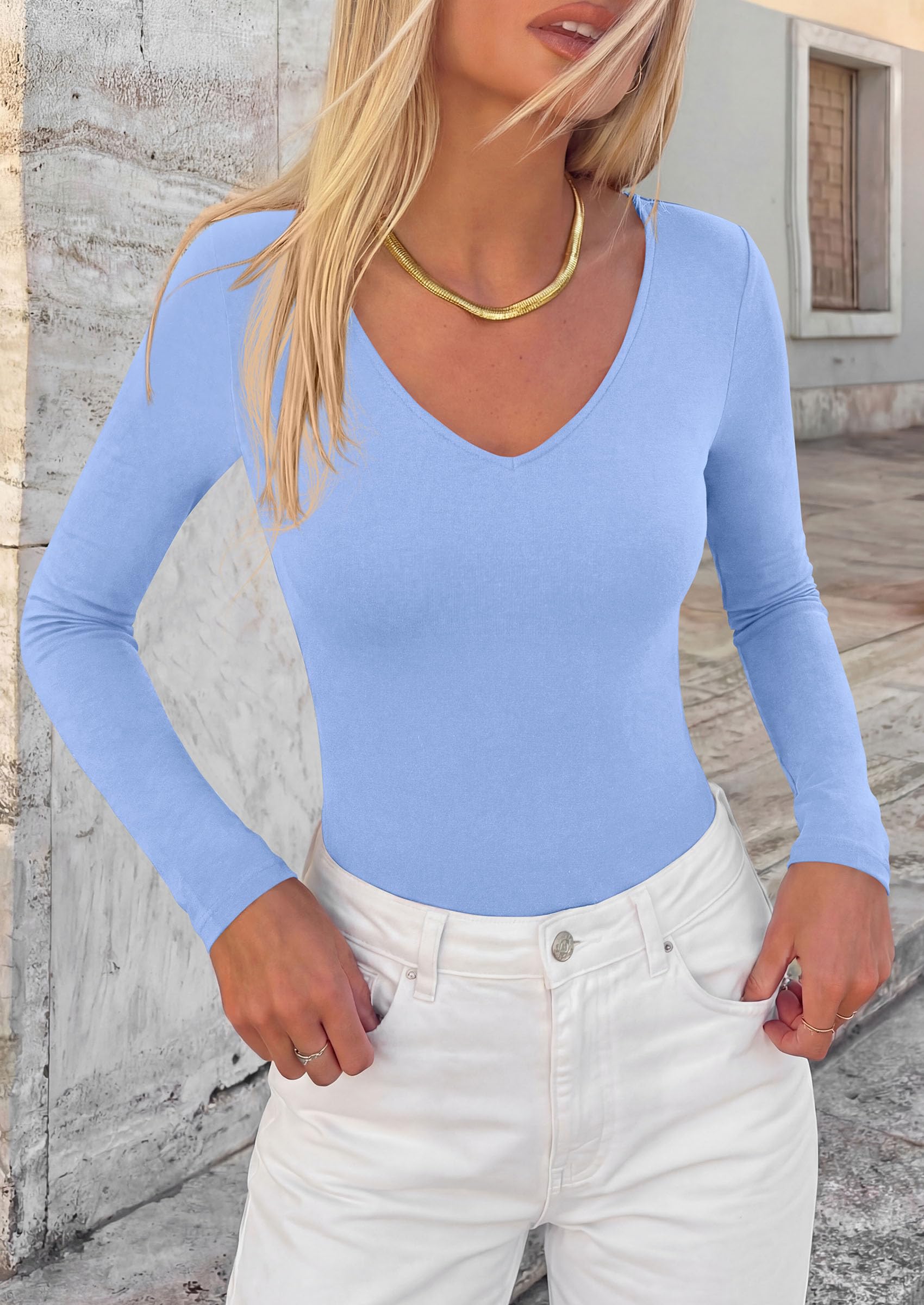 Women's V Neck Long Sleeve Bodysuits Tops (Light Blue,XS)
