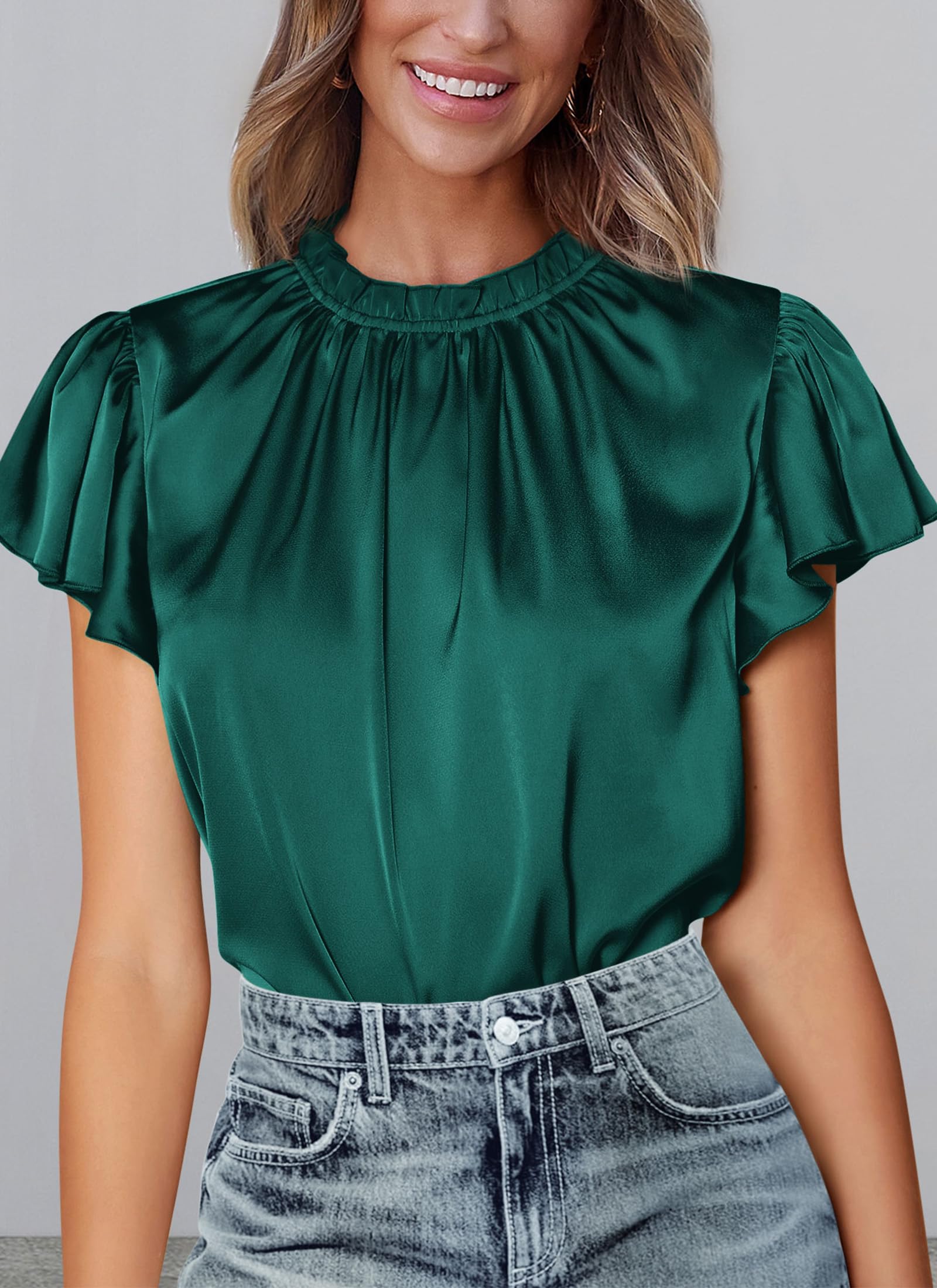 Women's Satin Tops Business Casual Work Blouses, Dark Green,S