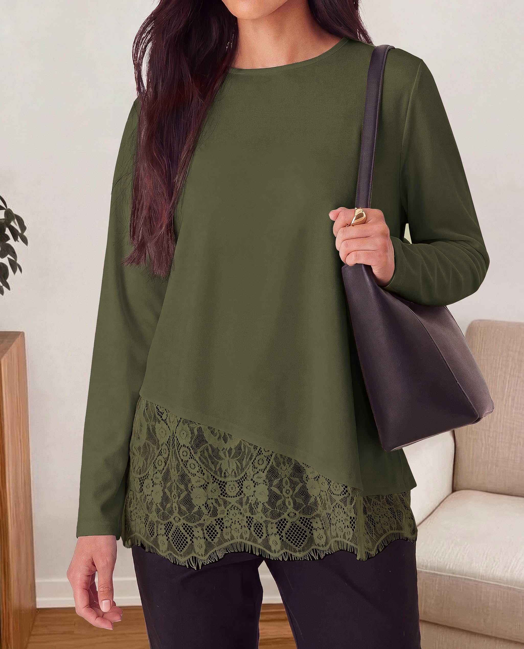 Women's Lace Patchwork Long Sleeve Shirts,Army Green,S