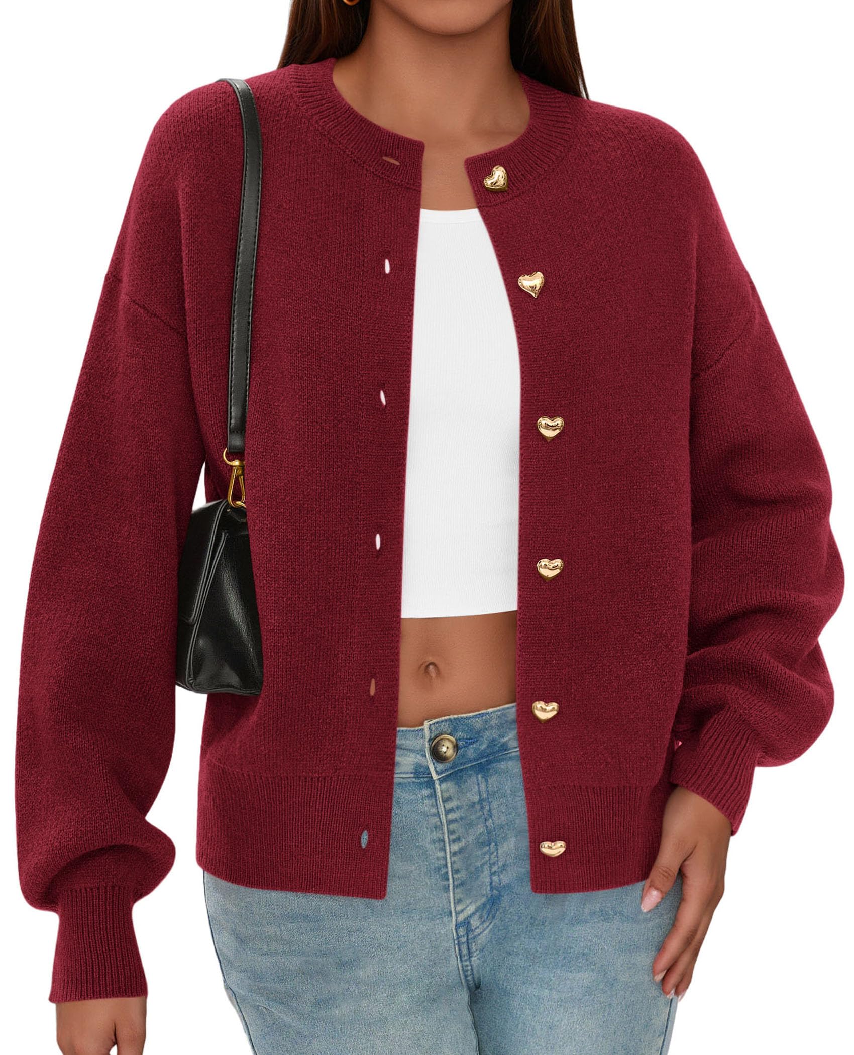 Women's Long Sleeve Button Up Cardigan,Burgundy,M