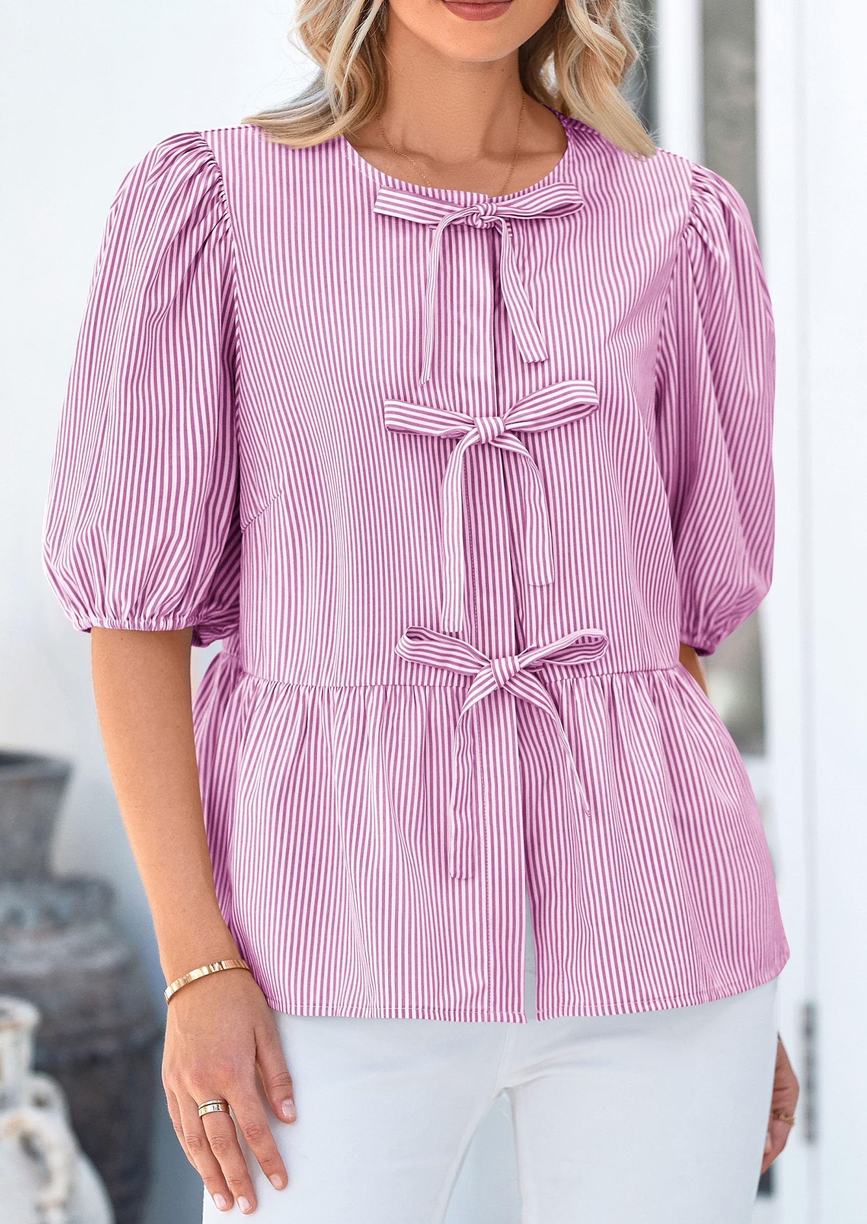 Women Striped Tie Front Babydoll Peplum Tops, Purple Red,S