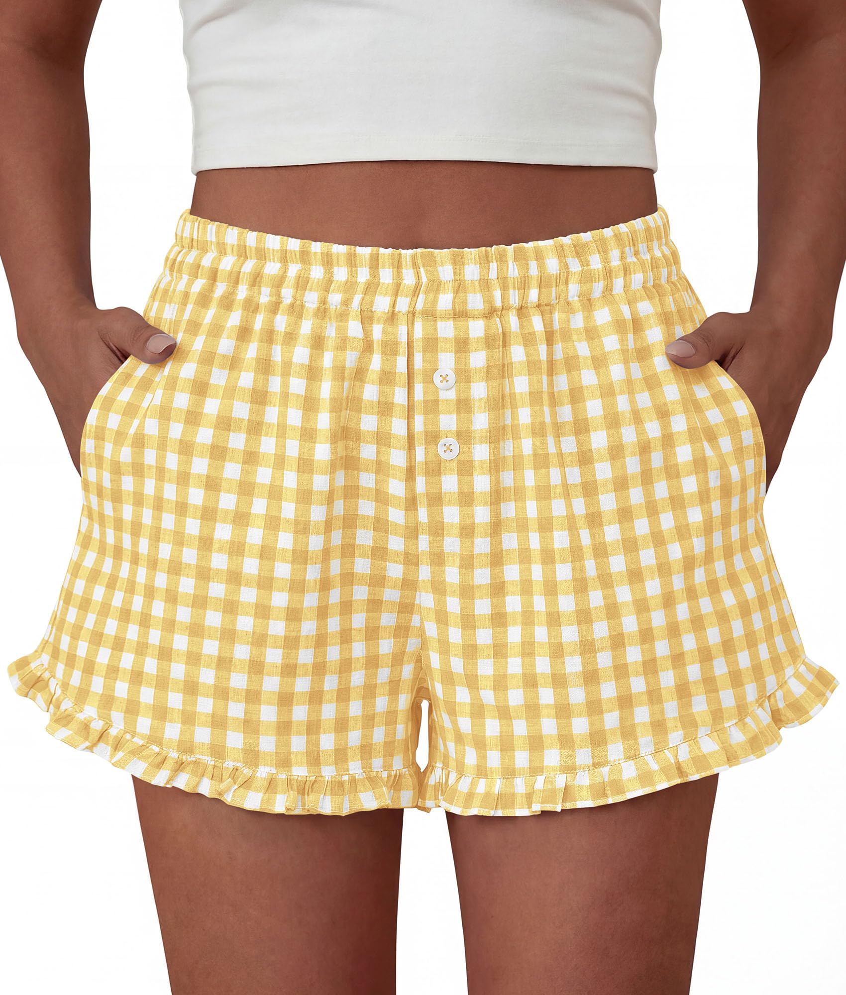 Womens Boxer Shorts Striped Gingham Ruffle Pajama Bottoms