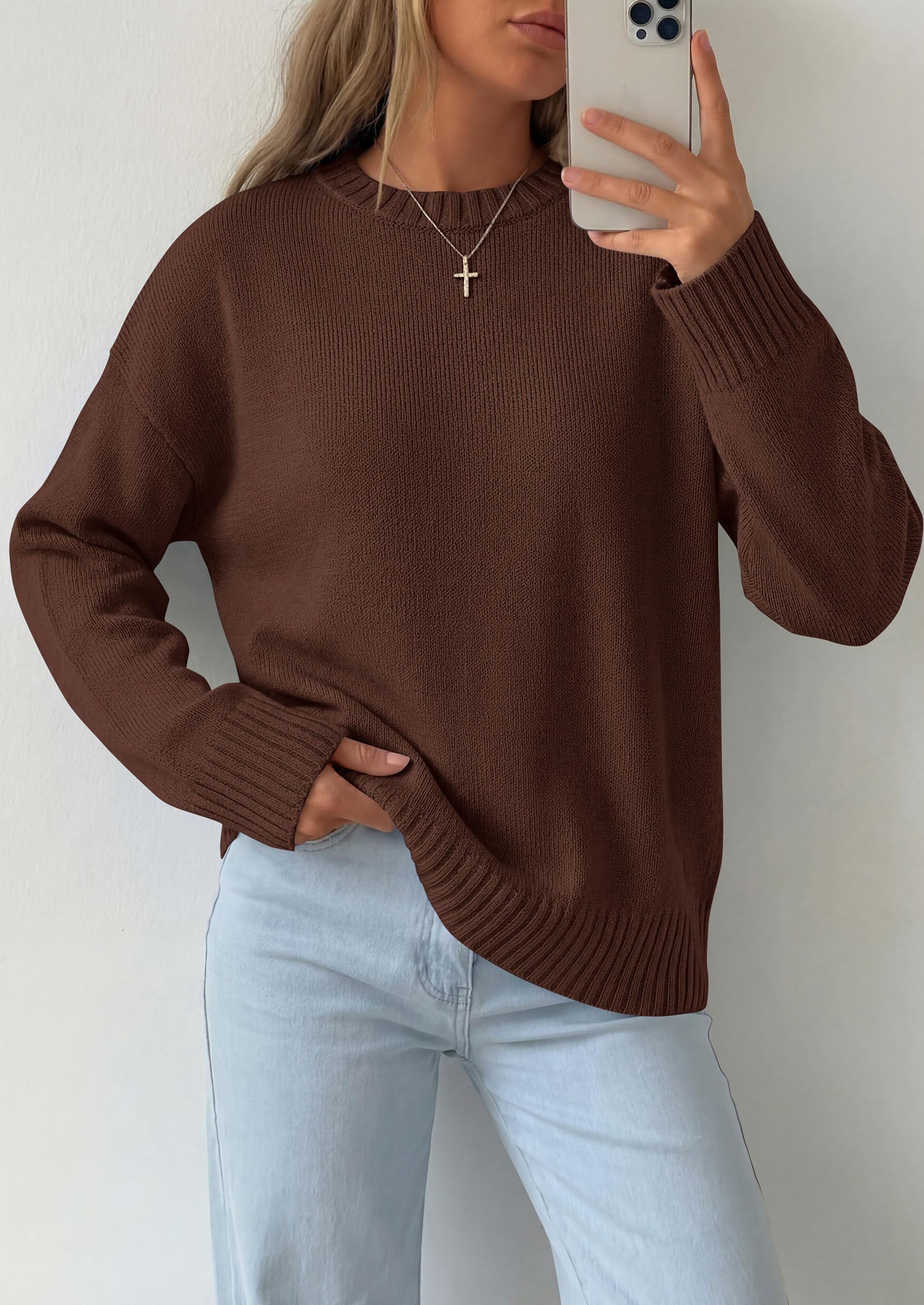 Oversized Sweater Women's Crewneck Long Sleeve Tops Brown