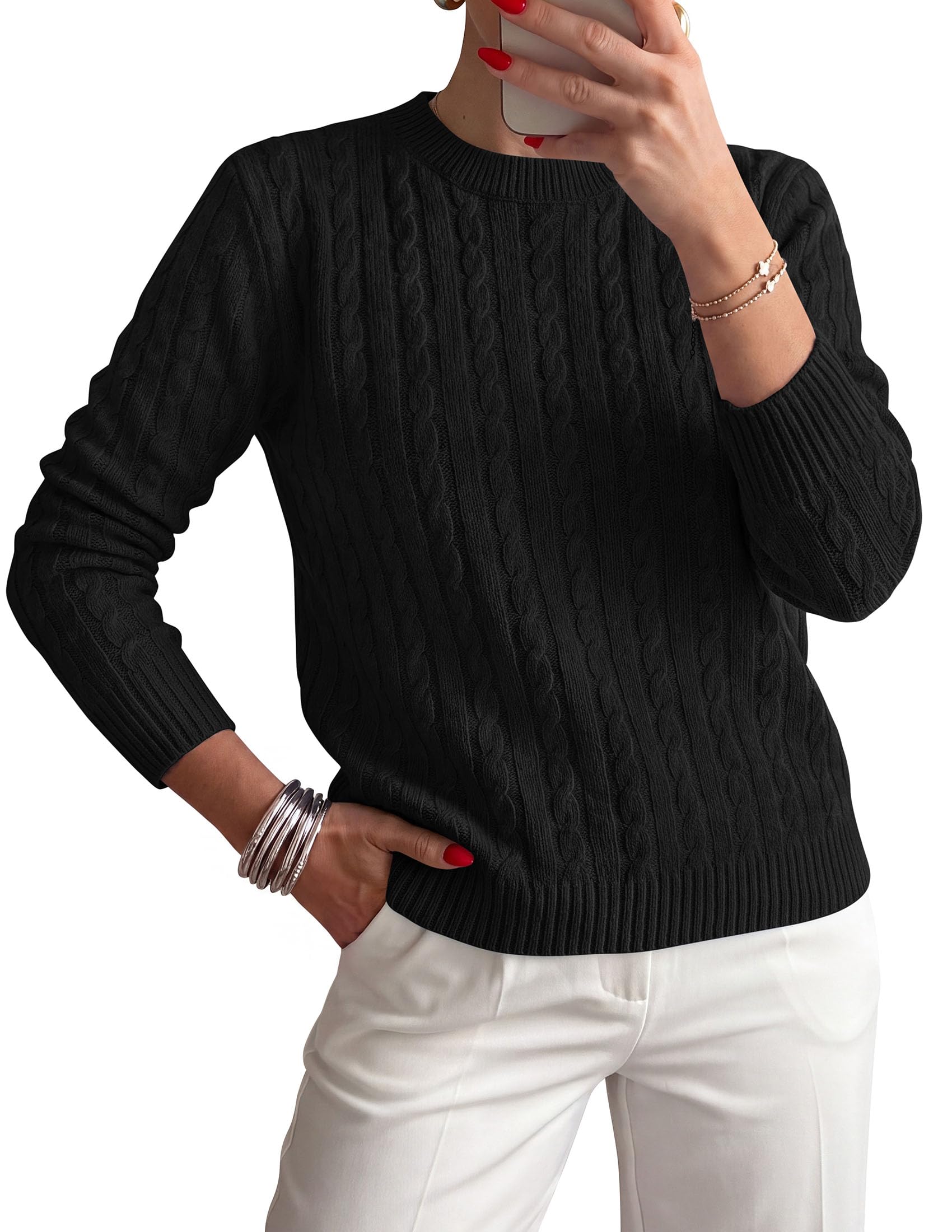 Womens Cable Knit Crewneck Fall Sweater Long Sleeve Tops 2026