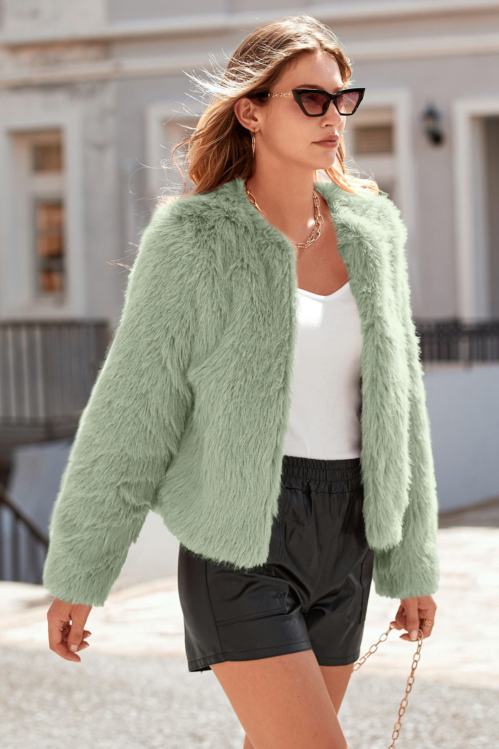 Women's Winter Cropped Faux Fur Coats(Bean Green,Small)