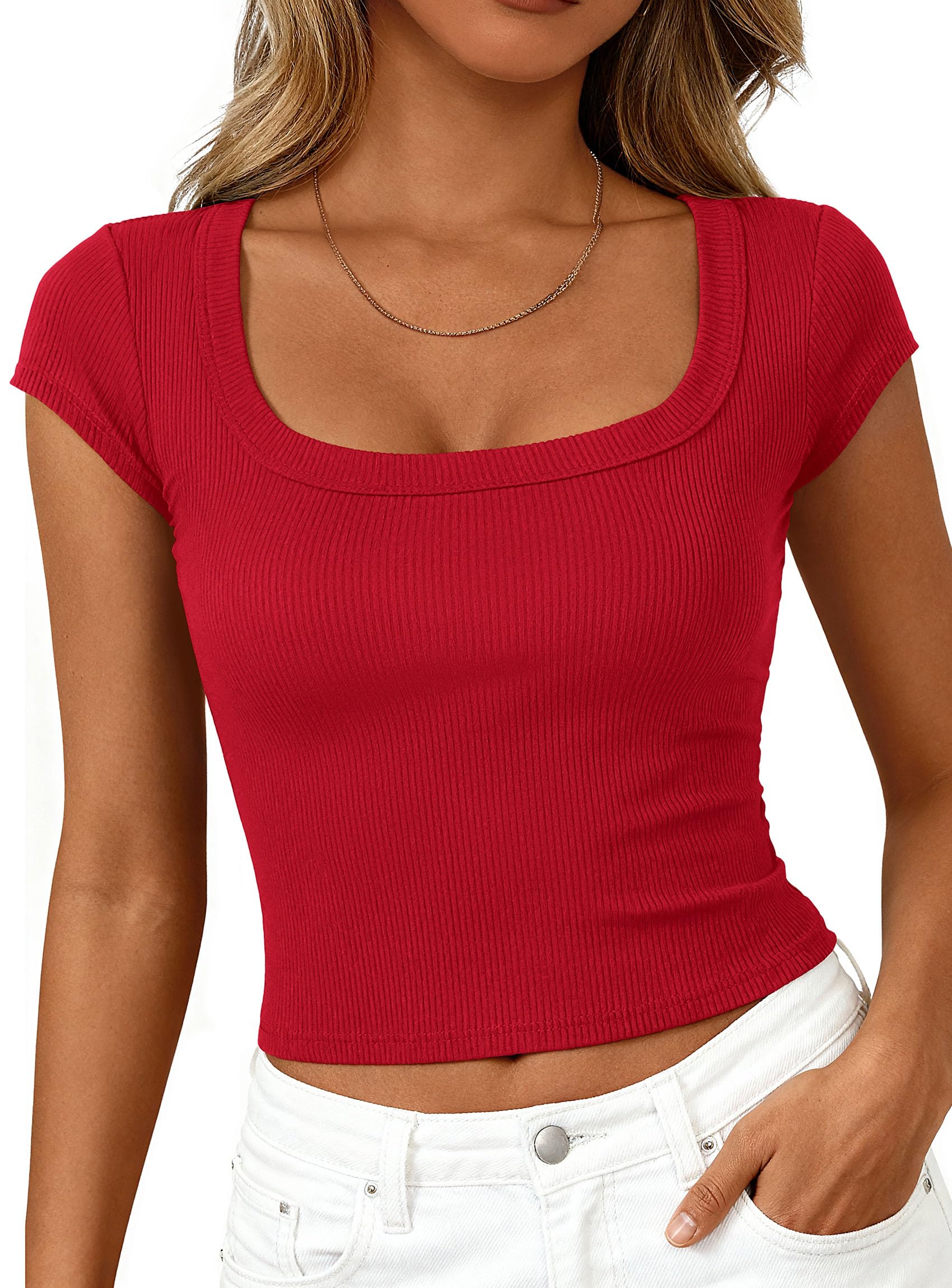 Short Sleeve Tops for Women Slim Fit T Shirts,Red,XS