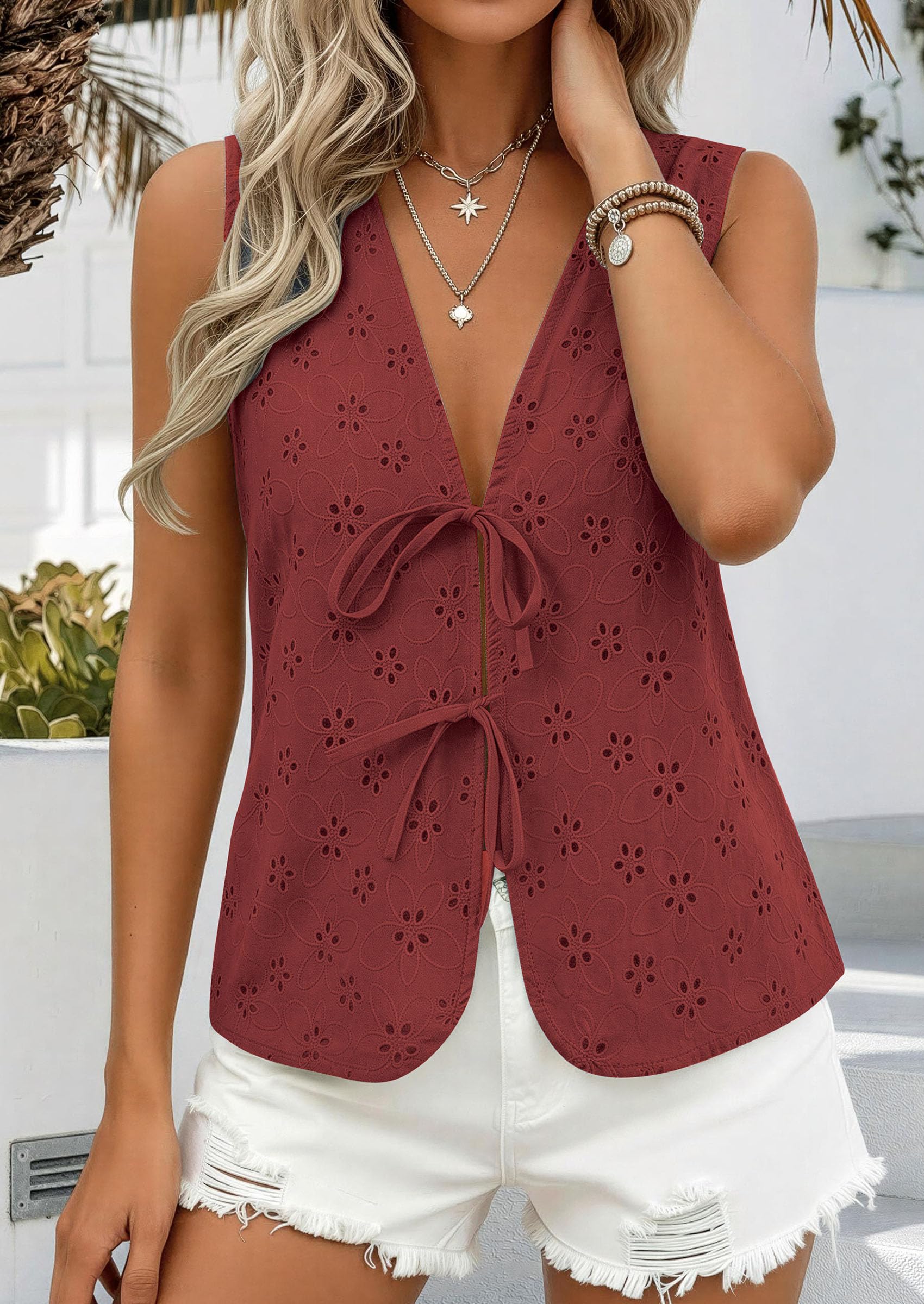 Women's Summer Eyelet Lace Tie Front Vest Tops (Brown Red,S)