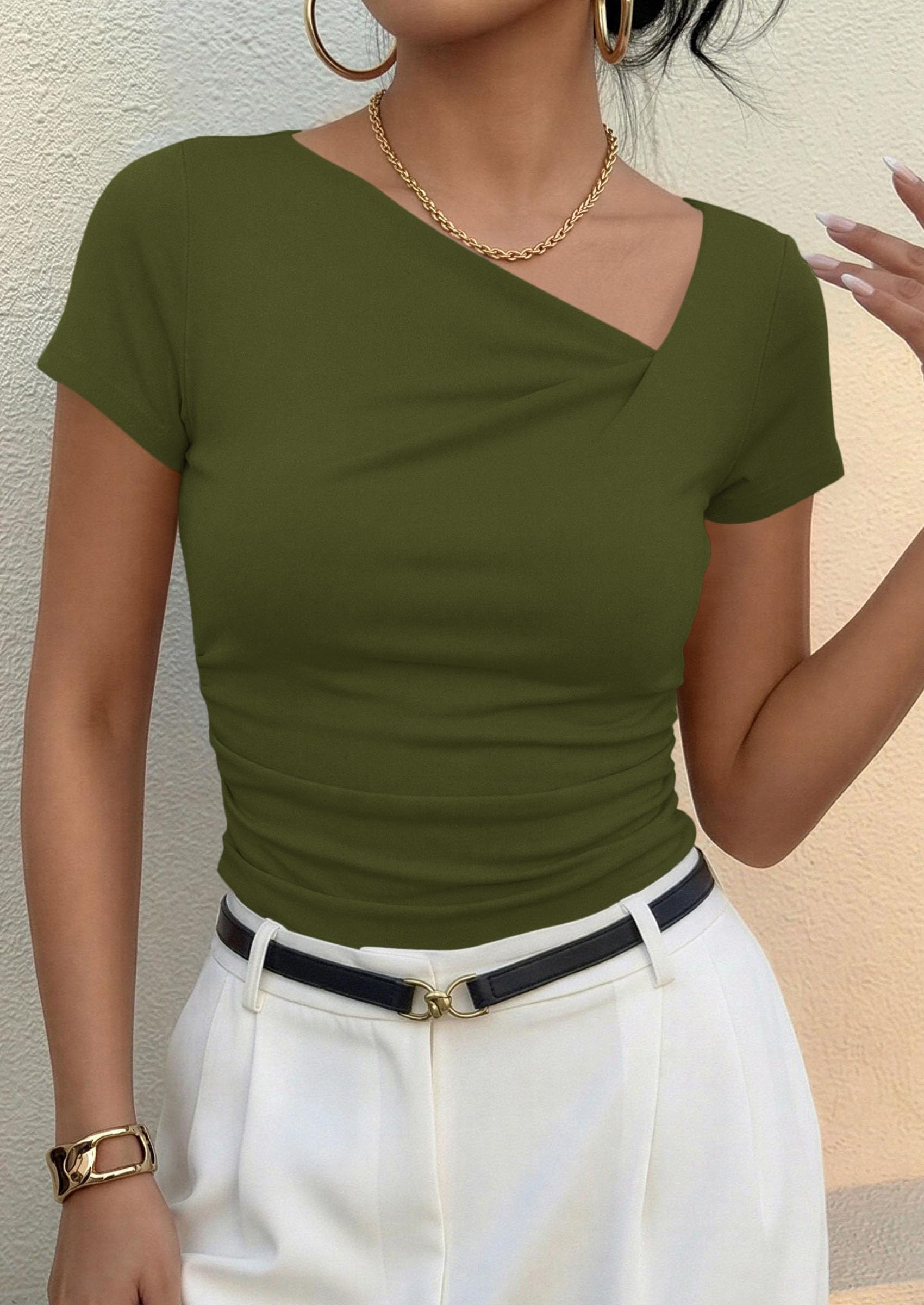 Women's Summer Trendy Asymmetrical Y2K Tops (Army Green,S)