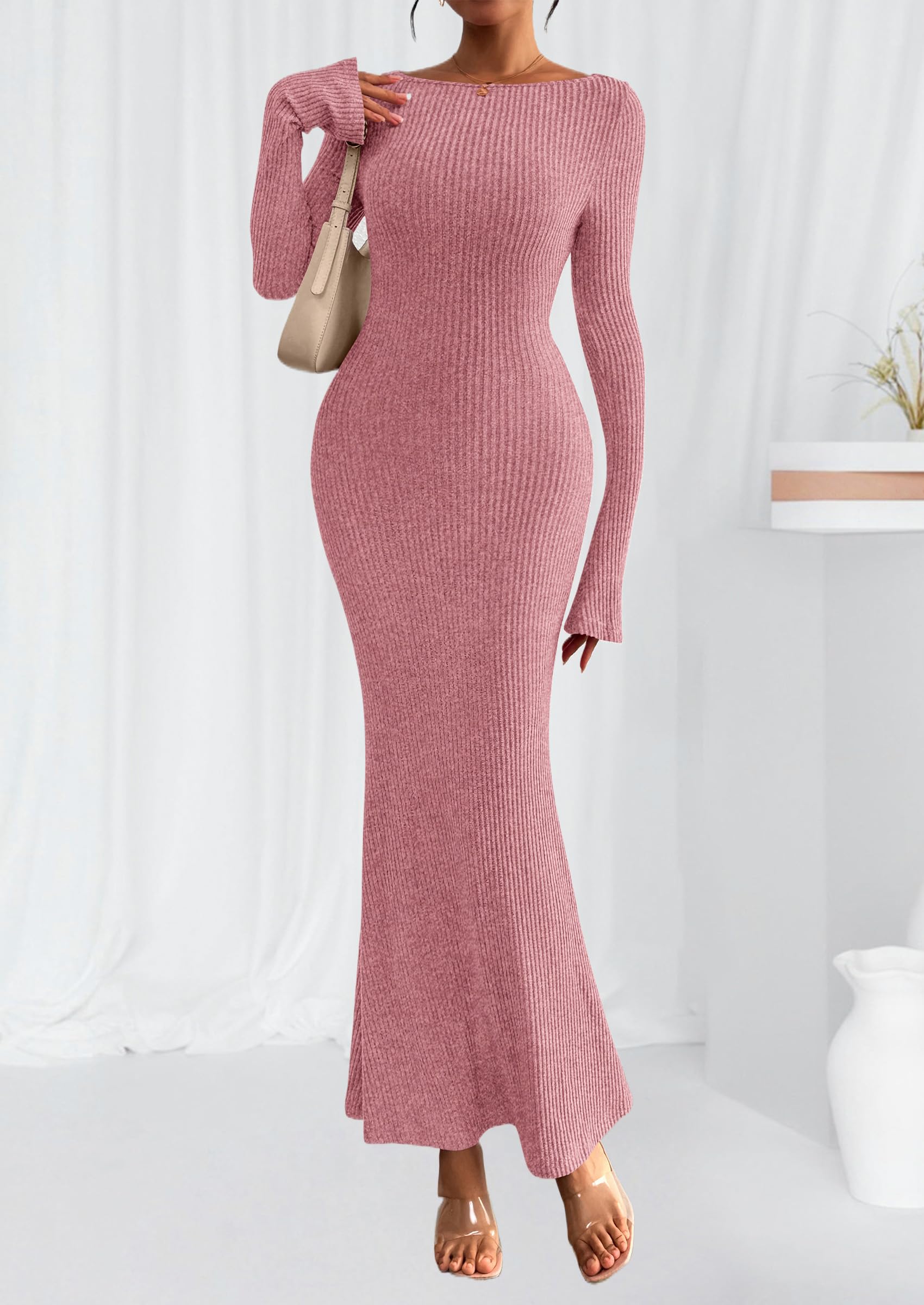 Women's Fall Long Sleeve Bodycon Maxi Dresses (Pink,XS)