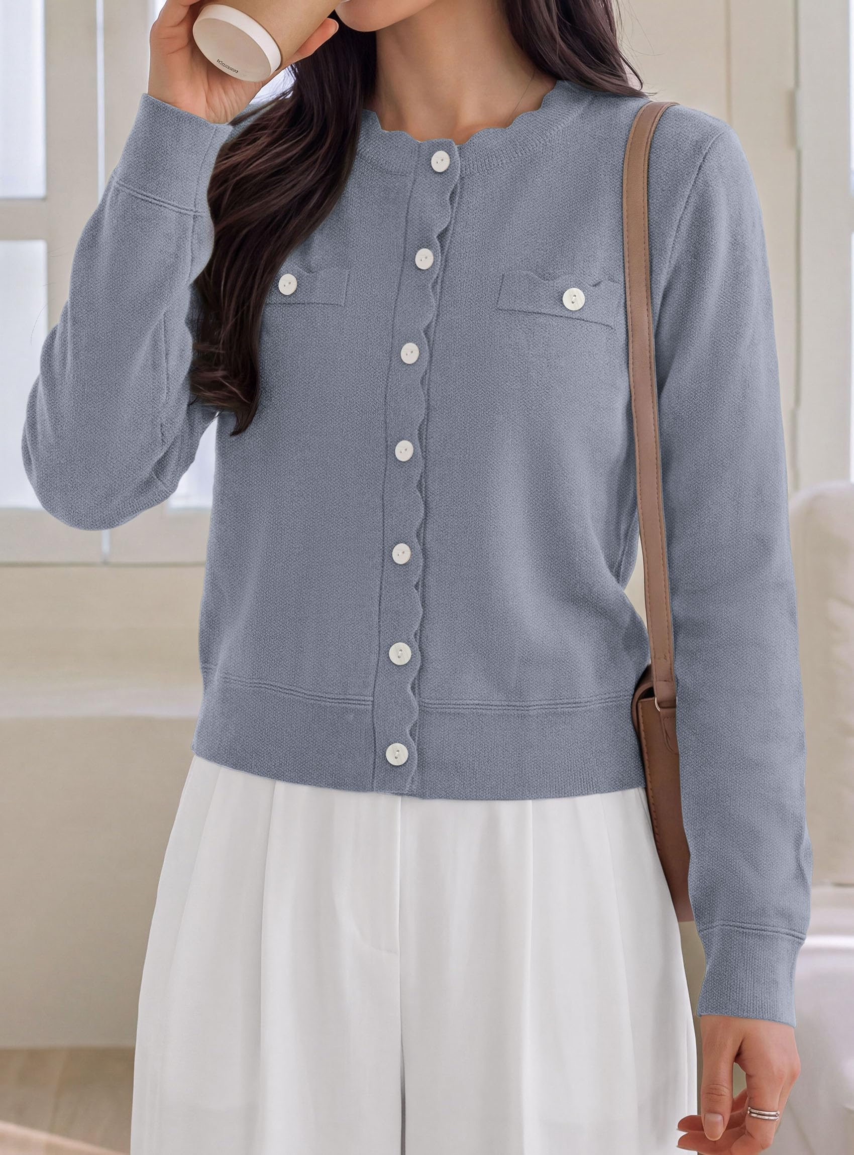 Womens Lightweight Cardigan Sweaters Scalloped Trim Fall Tops