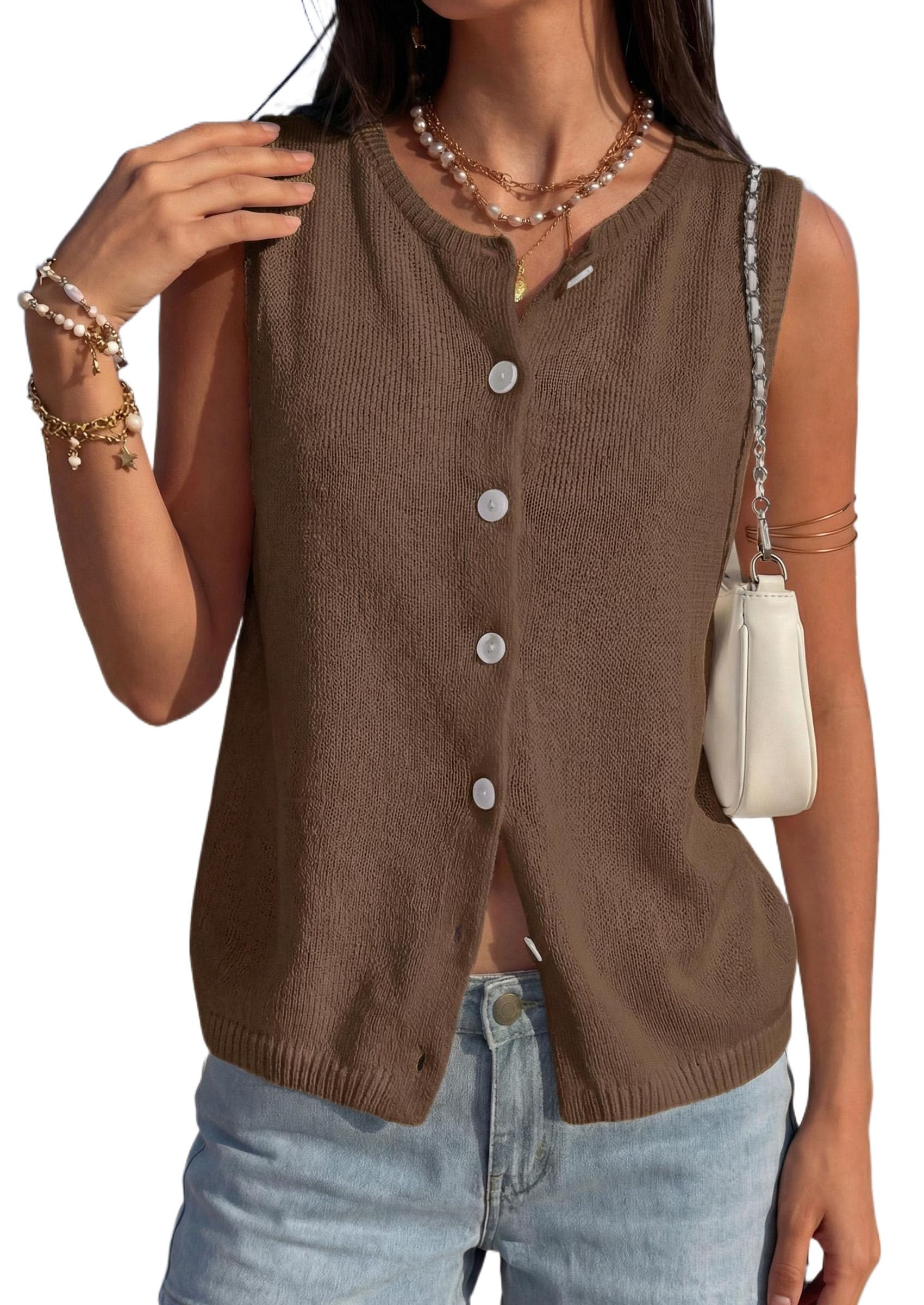 Women's Summer Button Up Sweater Vest Tops,Brown,S