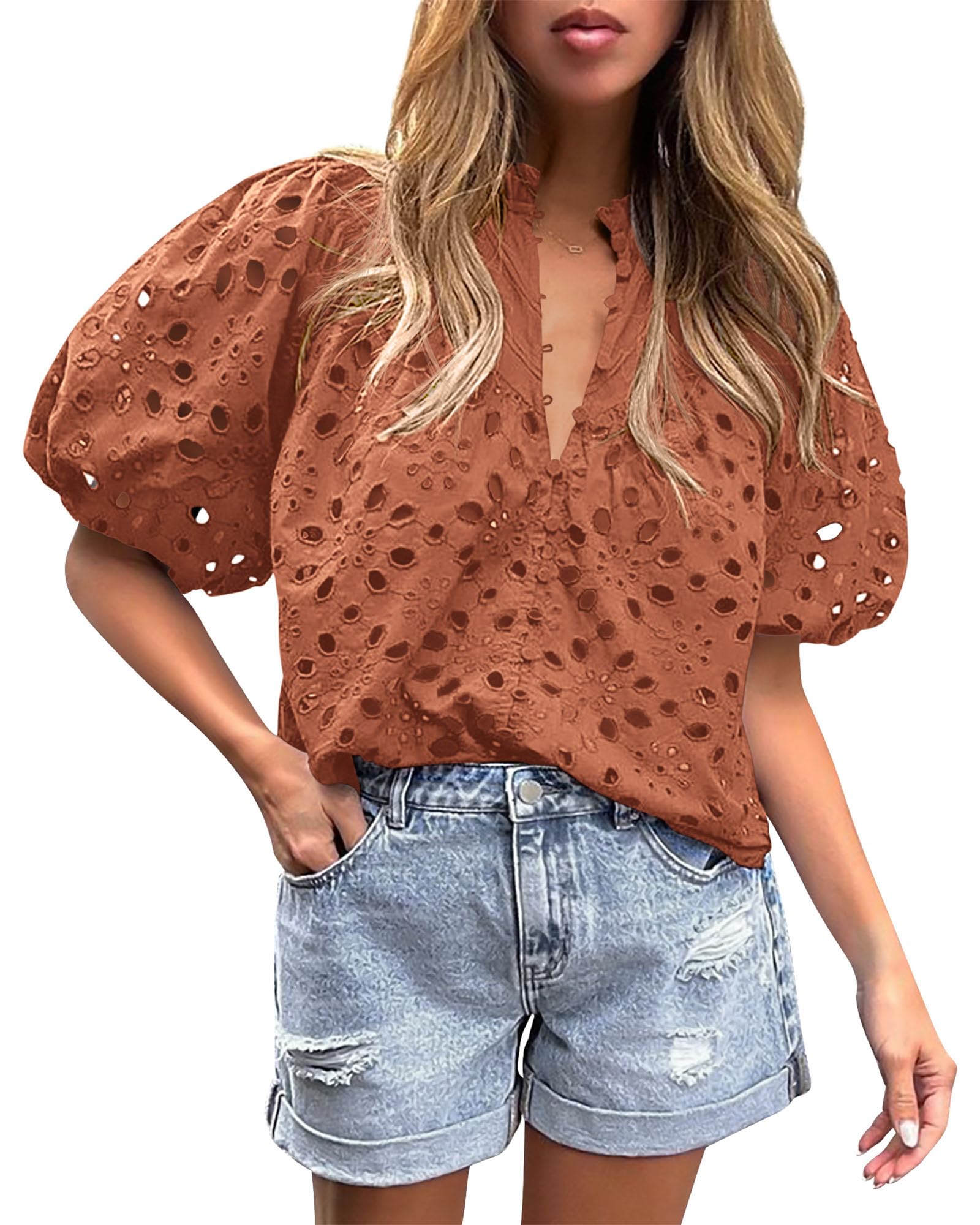 Womens Tops Boho Eyelet Puff Sleeve Blouse, Brick Red,S