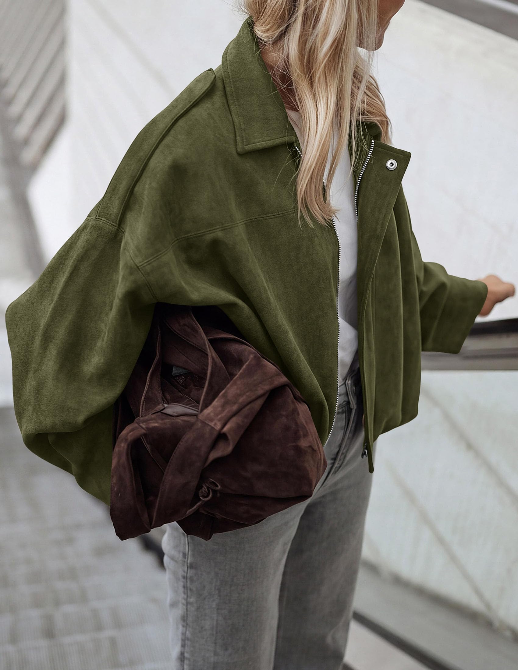 Faux Suede Jacket Women Fall Cropped Western Bomber Jacket
