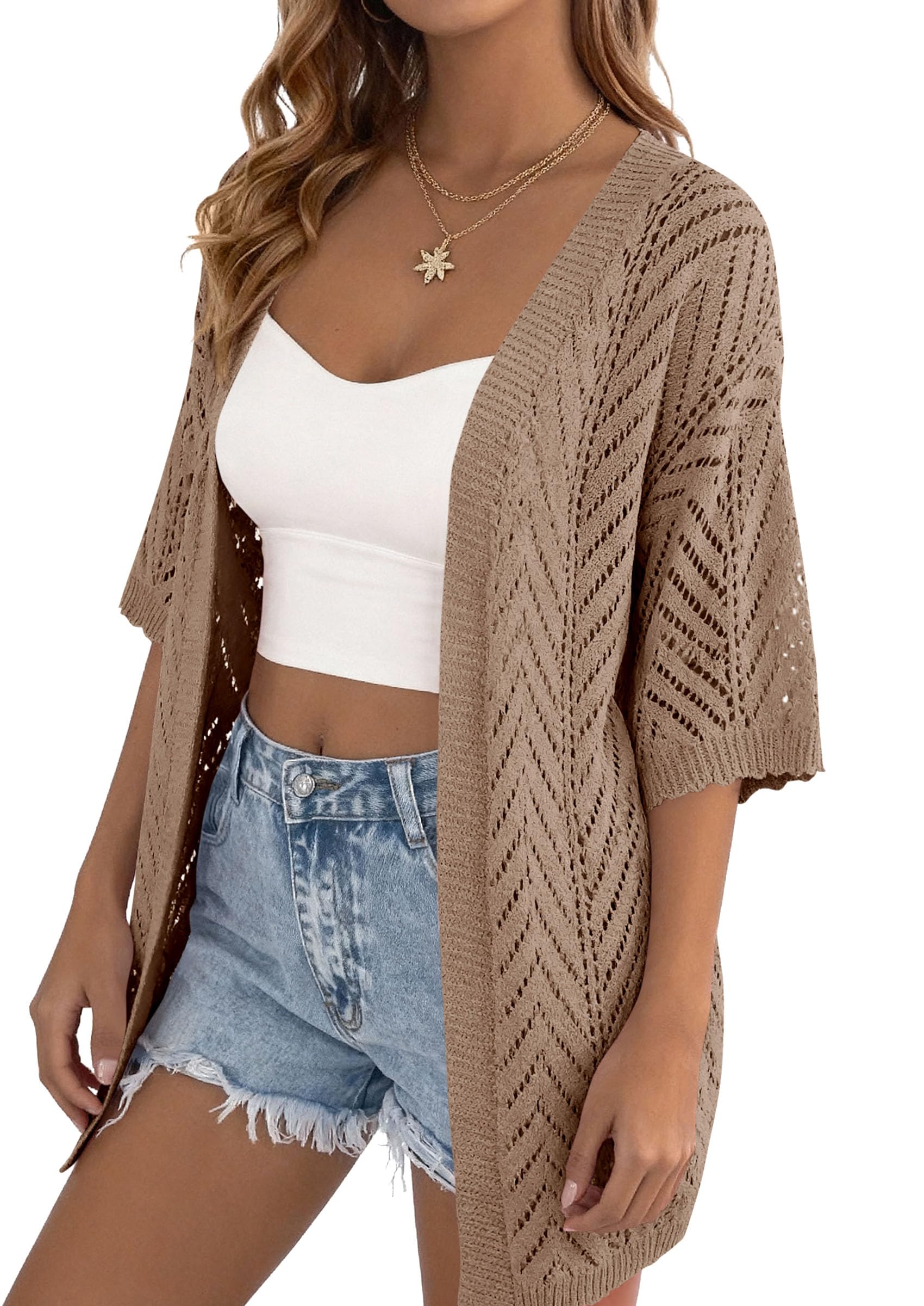Women Lightweight Summer Short Sleeve Cardigan, Light Brown,S