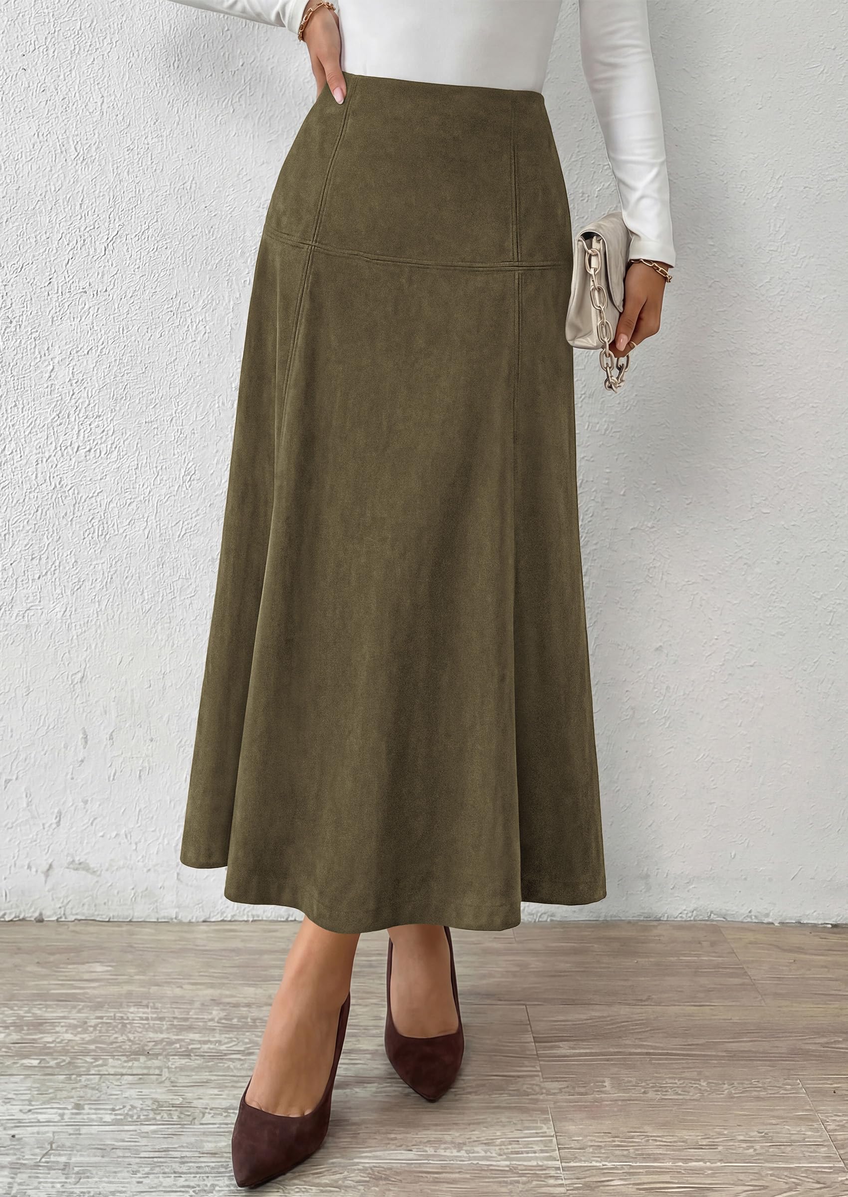 Womens High Waist Faux Suede A Line Midi Skirt,Army Green,S