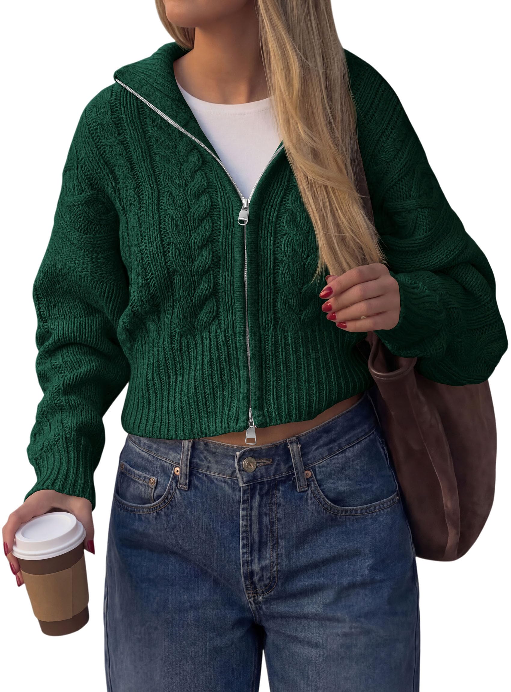 Women's Zip Up Cardigan Sweaters Cropped Jackets Fall Outfits