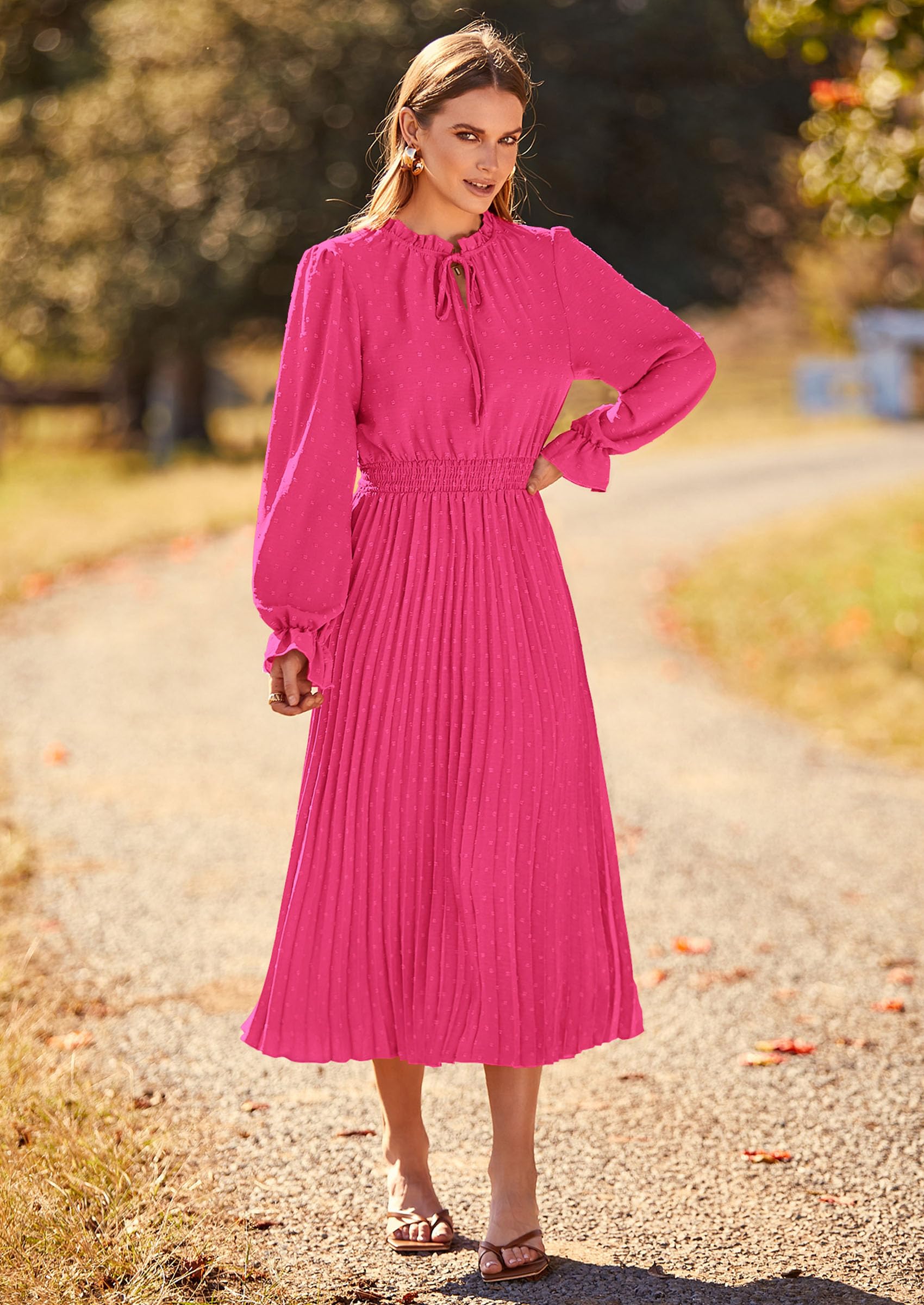 Women's Fall Midi Wedding Guest Dress(Rose Pink,XX-Large)