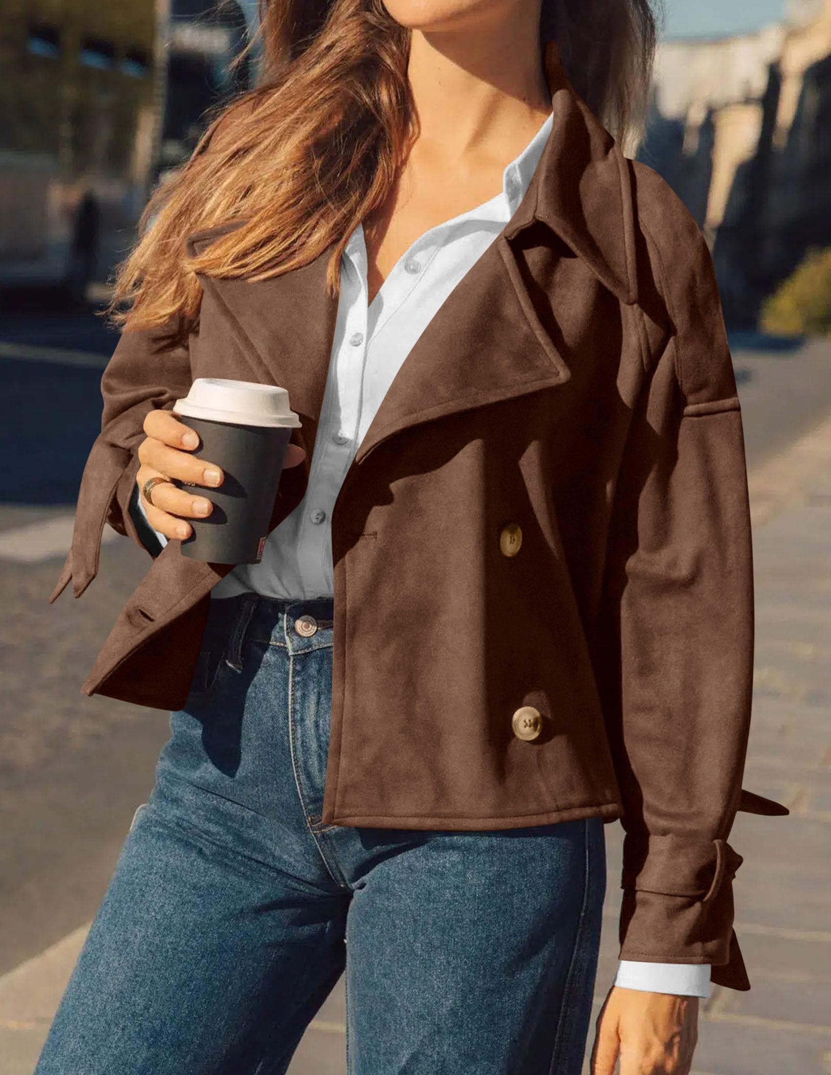 Women Faux Suede Double Breasted Trench Coat Cropped Jackets