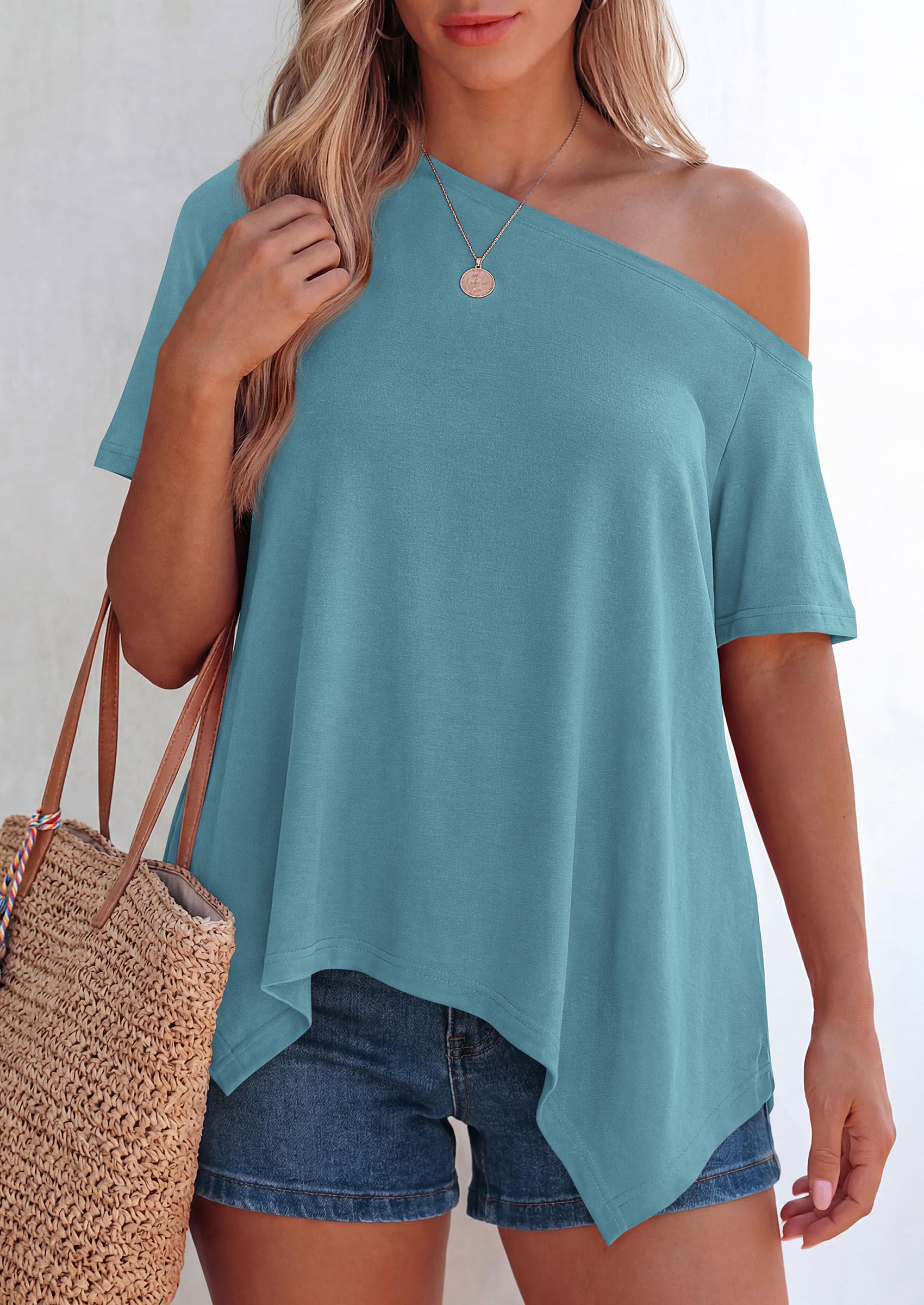 Off Shoulder Tops for Women Oversized Tshirts, Blue Green,S
