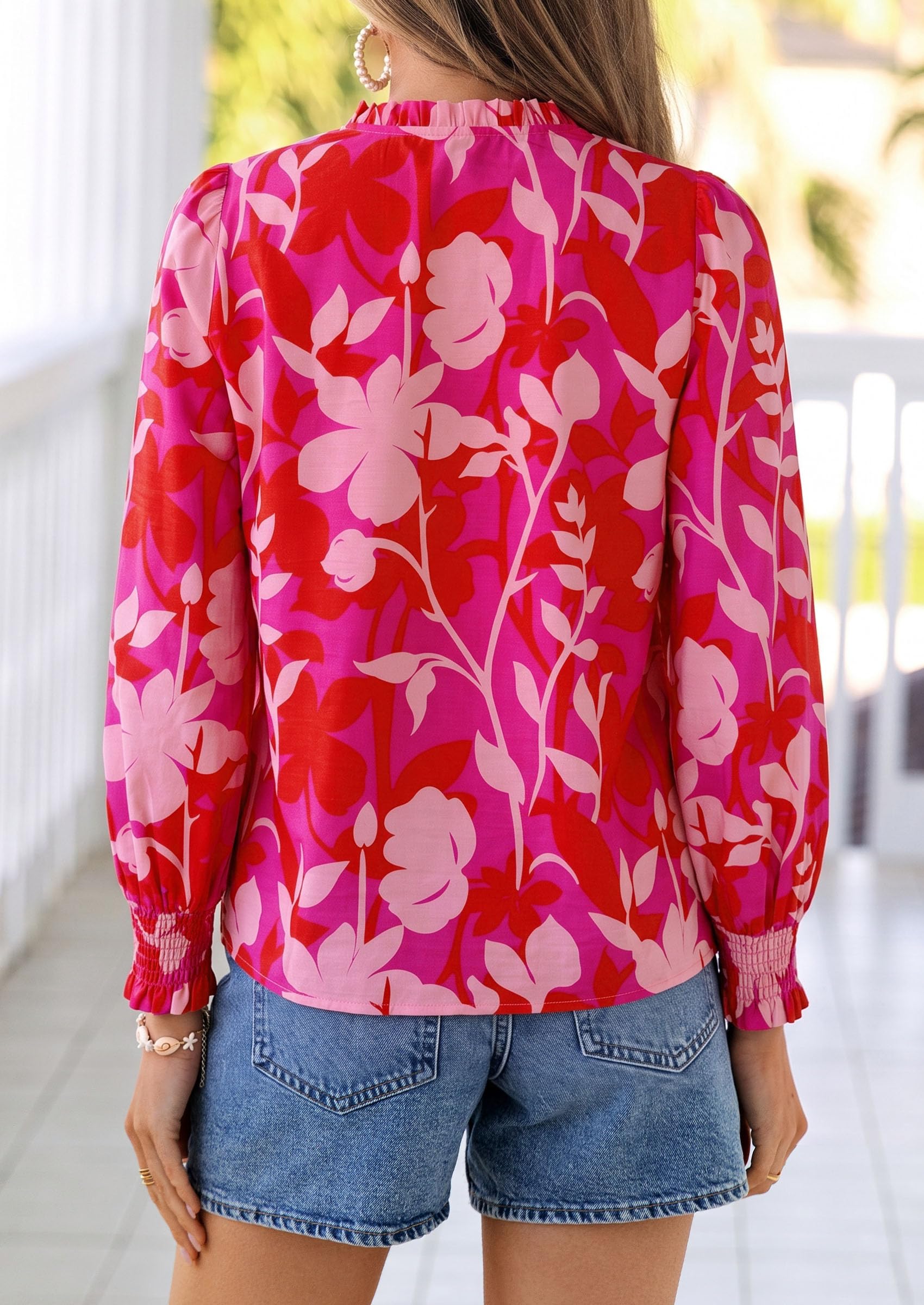 Women's Boho Floral Blouses Dressy Casual Rose Red,S