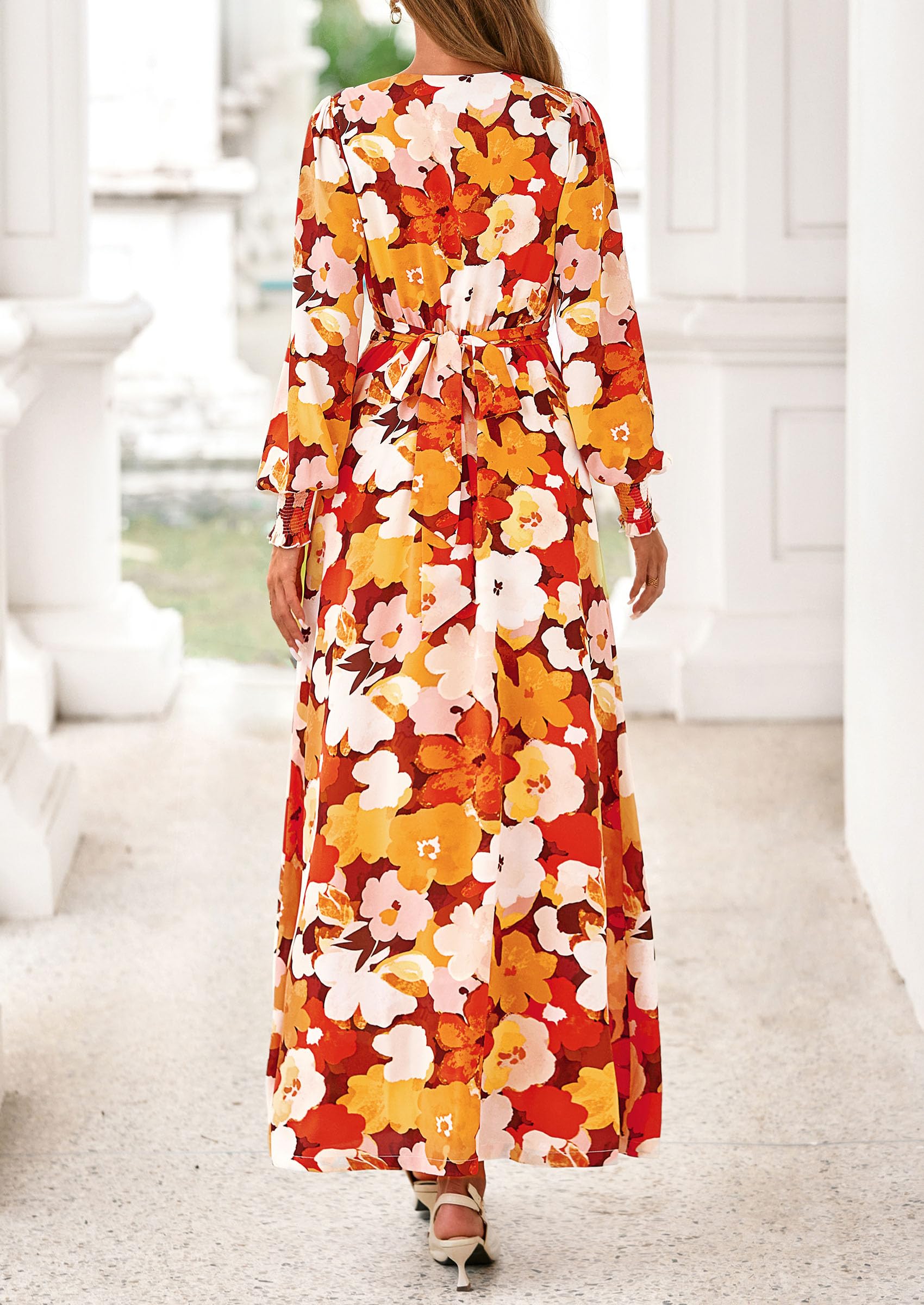 Women's Tie Waist Floral Maxi Dress,Floral Orange,S