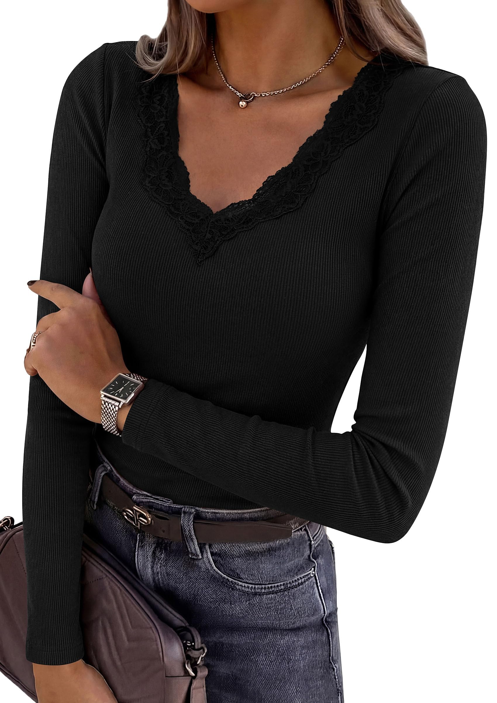 Women's Lace V Neck Long Sleeve Fitted T Shirts,Black,S